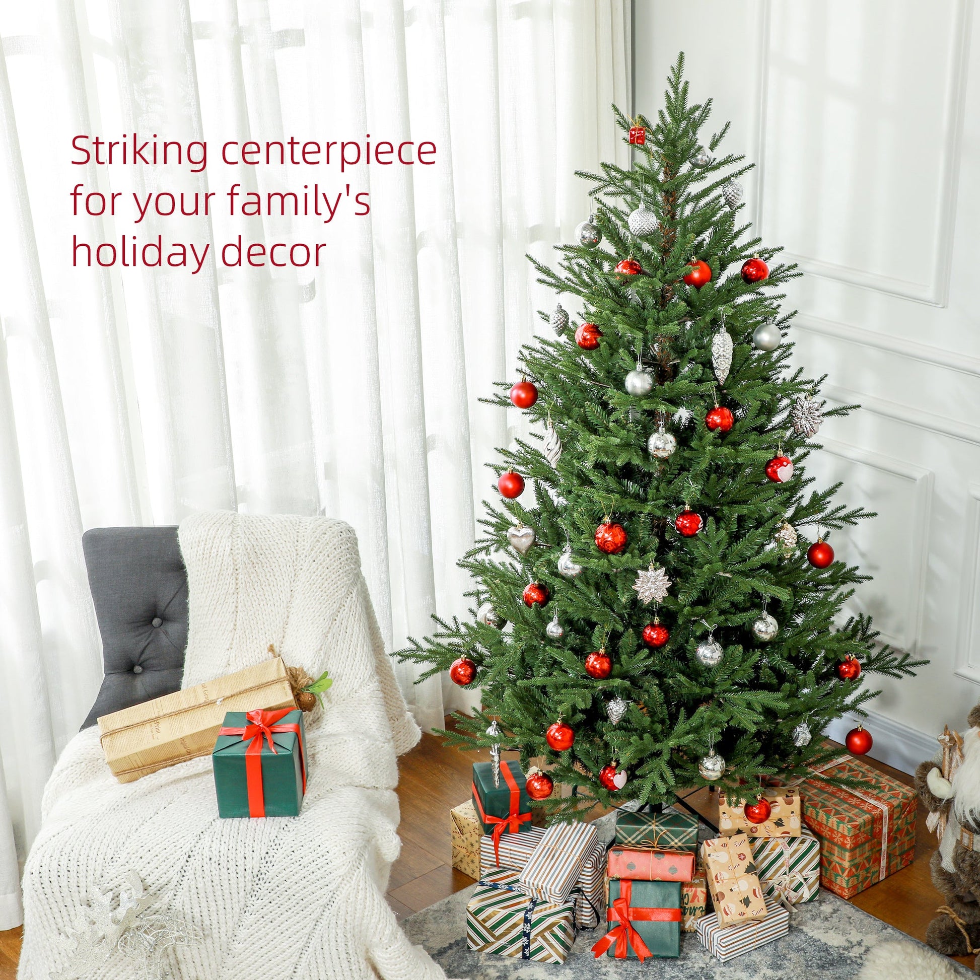 6ft Artificial Christmas Tree with 2380 Tips, Metal Base, Realistic Hinged Xmas Tree, Easy to Assemble, Green