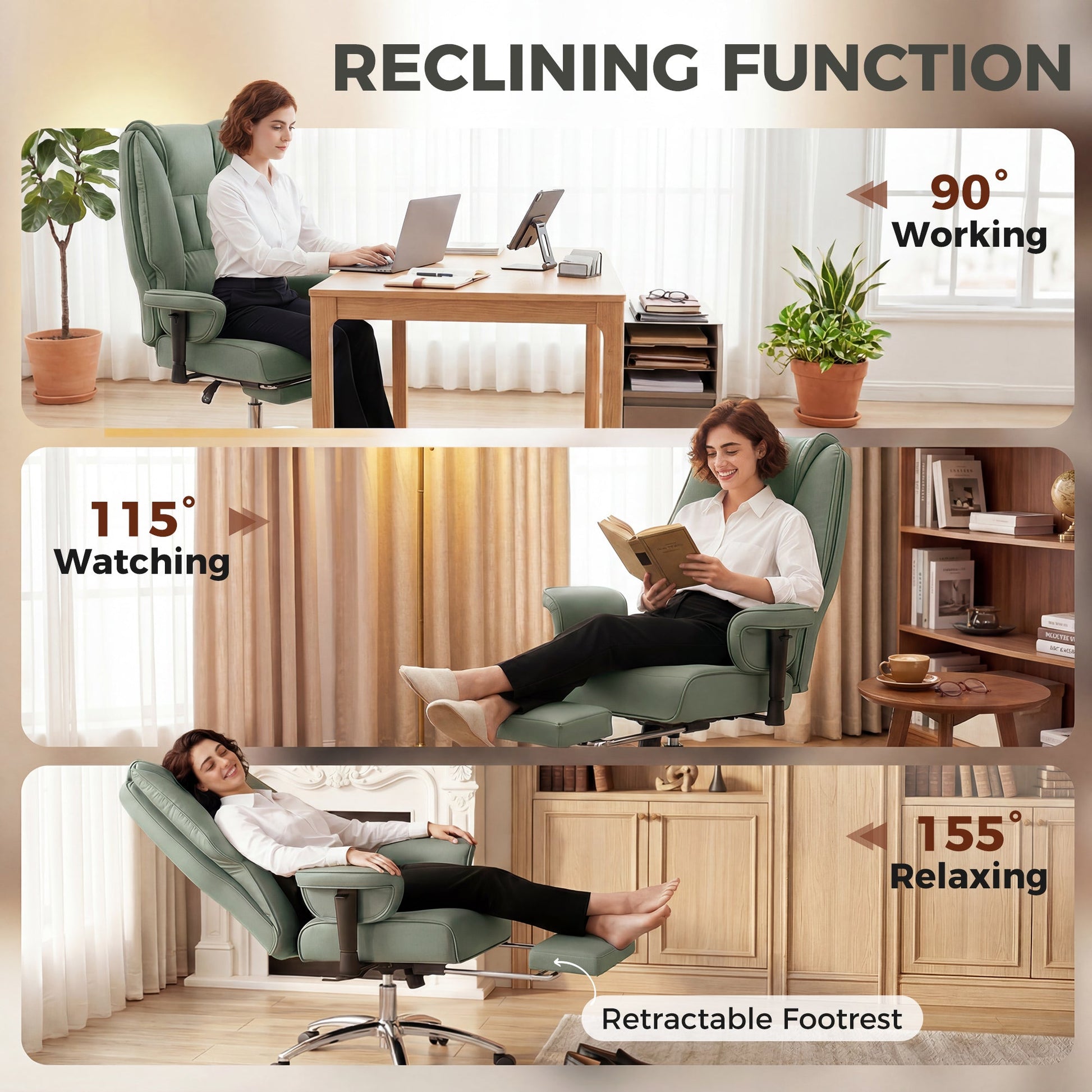 Executive Office Chair, Ergonomic Reclining Computer Desk Chair with Footrest, Adjustable Armrests, Spring Seat, High Back, Thick Cushion, Pet Friendly Faux Leather, Swivel, Green