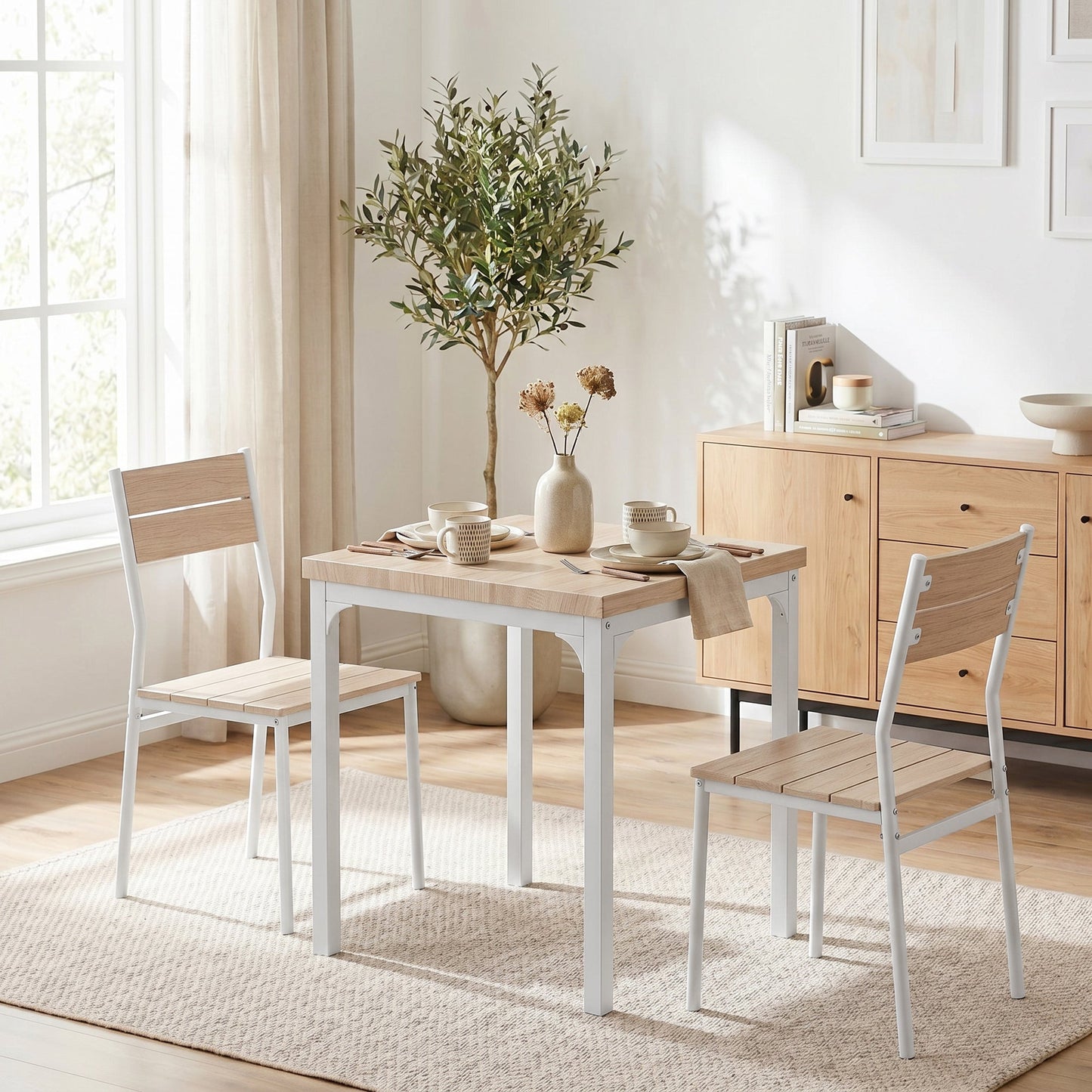 3 Pieces Modern Dining Table Set, Kitchen Table and Chairs for 2, Space Saving Design, Breakfast Nook Table Set with Steel Legs for Kitchen, Small Space, Oak Wood Effect