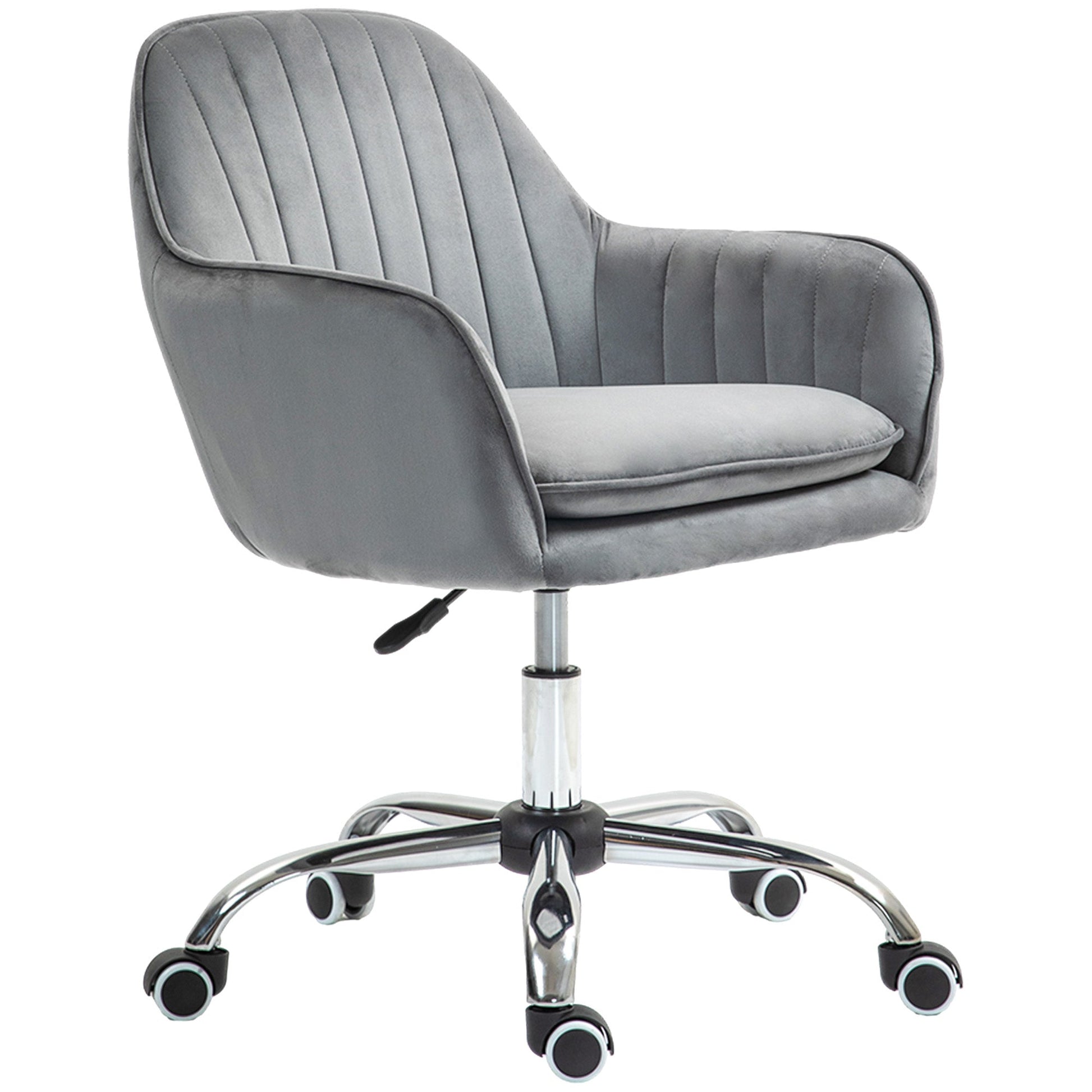HOMCOM Office Chair, Swivel Desk Chair, Velvet-Feel Fabric Vanity Chair with Adjustable Height and Rolling Wheels for Home Work Study, Grey