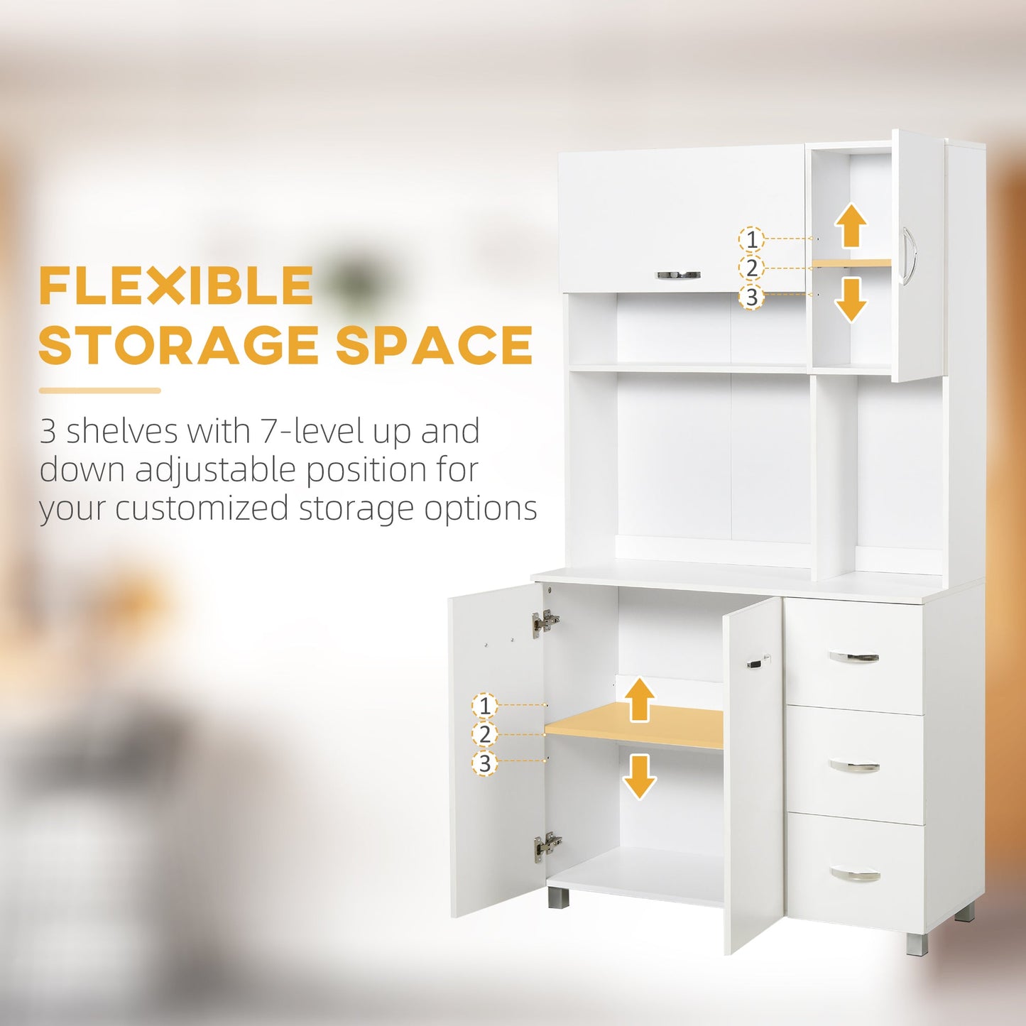 Kitchen Cupboard, 183cm Tall Storage Cabinet with Countertop, Sideboard with 3 Small Drawers, Flip Up Top Door, 3 Cabinet Doors and Open Shelves, 100W x 39.5D x 183.5H cm, White