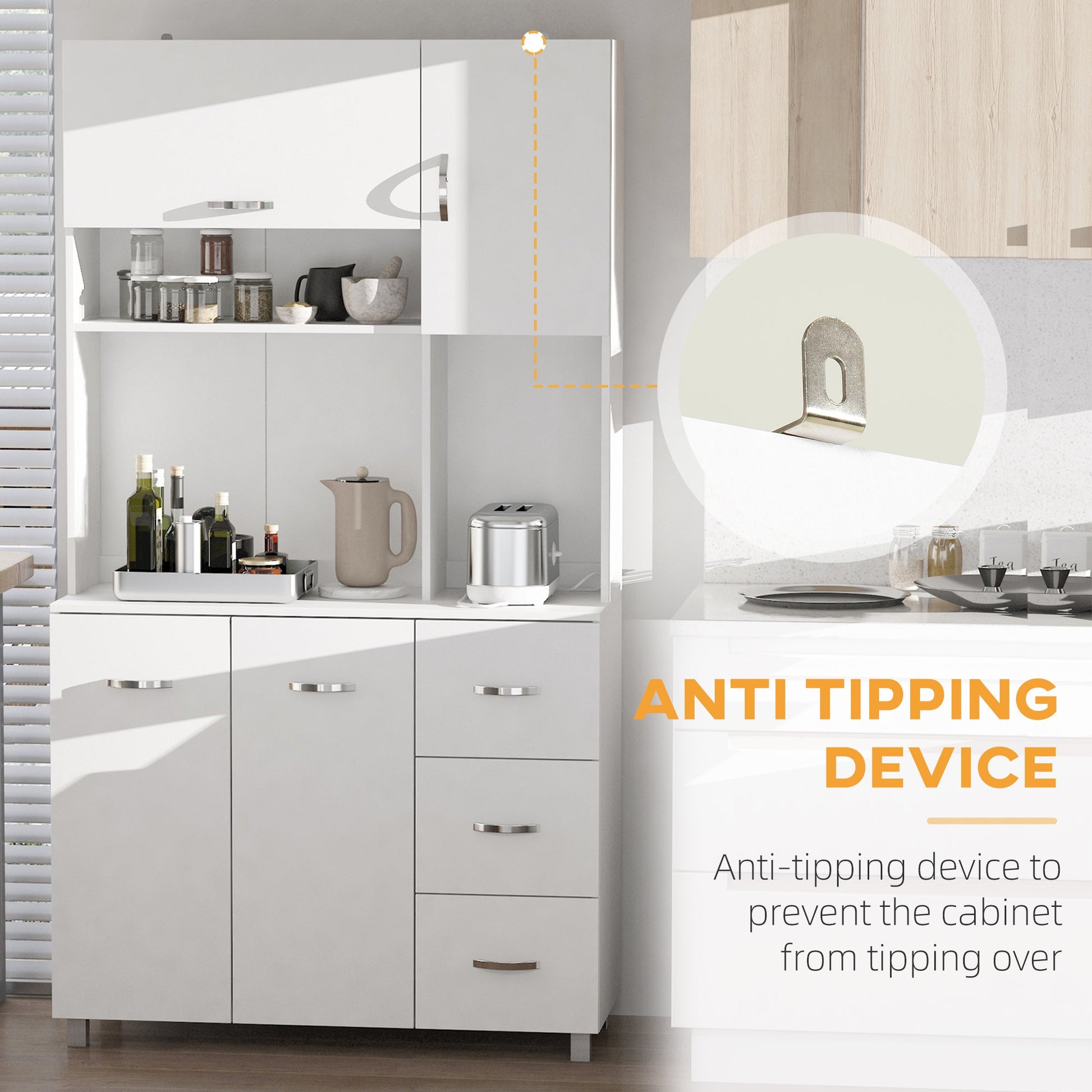 Kitchen Cupboard, 183cm Tall Storage Cabinet with Countertop, Sideboard with 3 Small Drawers, Flip Up Top Door, 3 Cabinet Doors and Open Shelves, 100W x 39.5D x 183.5H cm, White