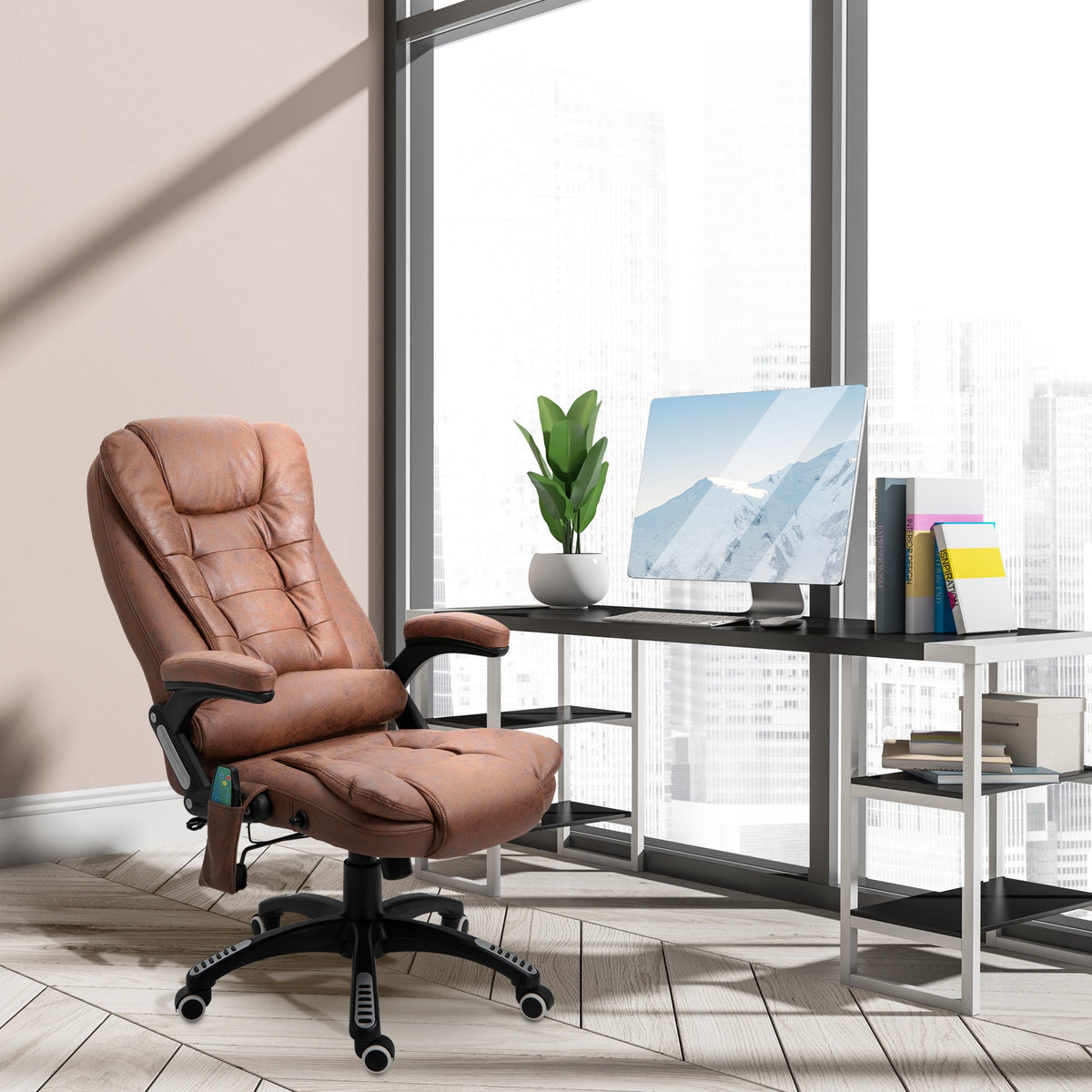 Vinsetto Office Chair, Ergonomic Desk Chair with 6-Point Massage and Back Heated, Microfiber Cloth Computer Gaming Chair with Arms, Lumbar Support, Brown