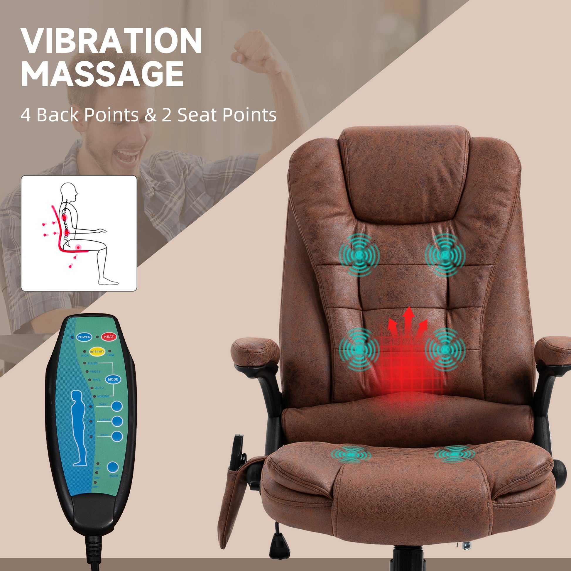 Vinsetto Office Chair, Ergonomic Desk Chair with 6-Point Massage and Back Heated, Microfiber Cloth Computer Gaming Chair with Arms, Lumbar Support, Brown