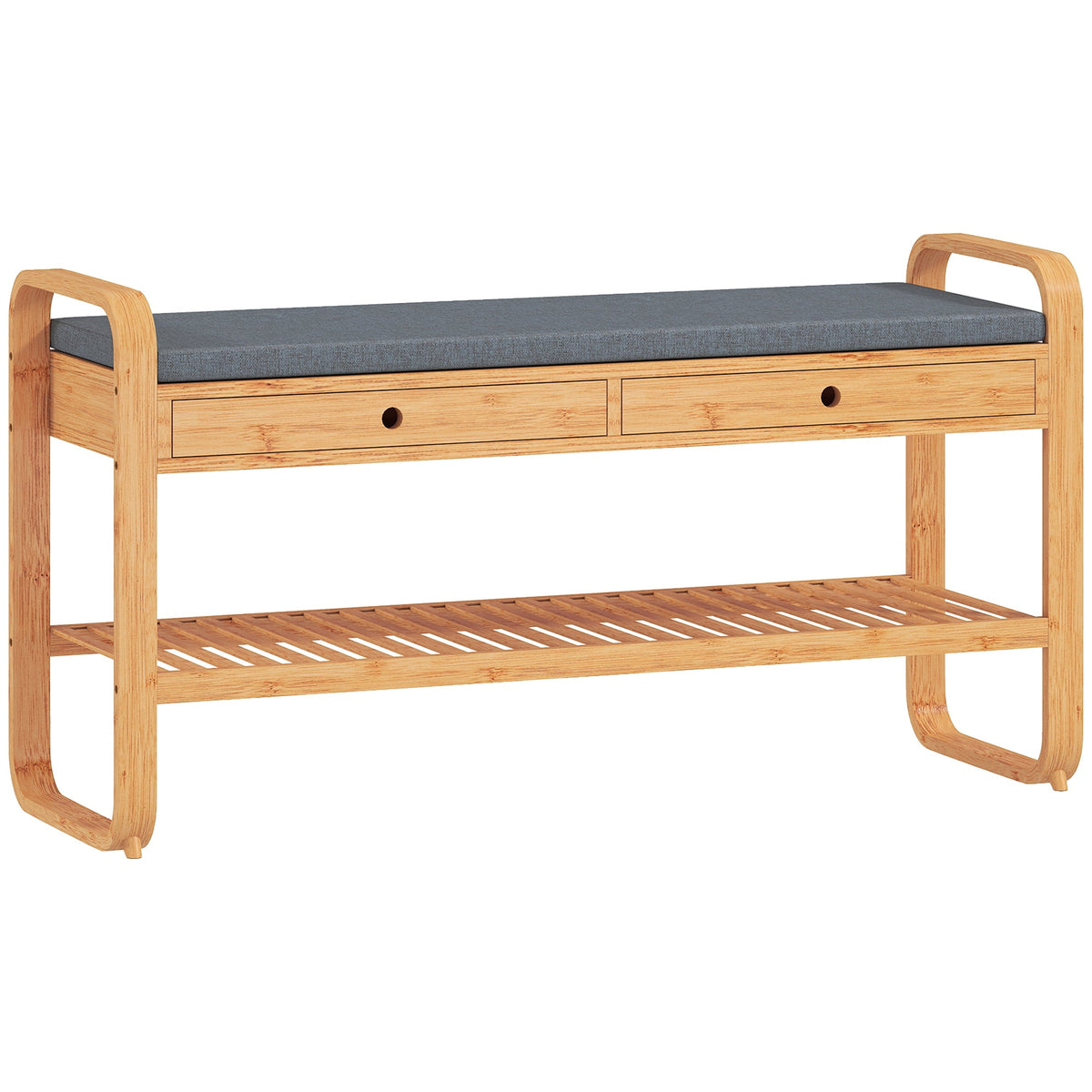 Shoe Bench with 2 Drawers, Shoe Storage Bench with Cushioned Seat, Storage Shelf and Bamboo Frame, 130 kg Weight Capacity, 105 x 33.2 x 55 cm, Natural and Grey