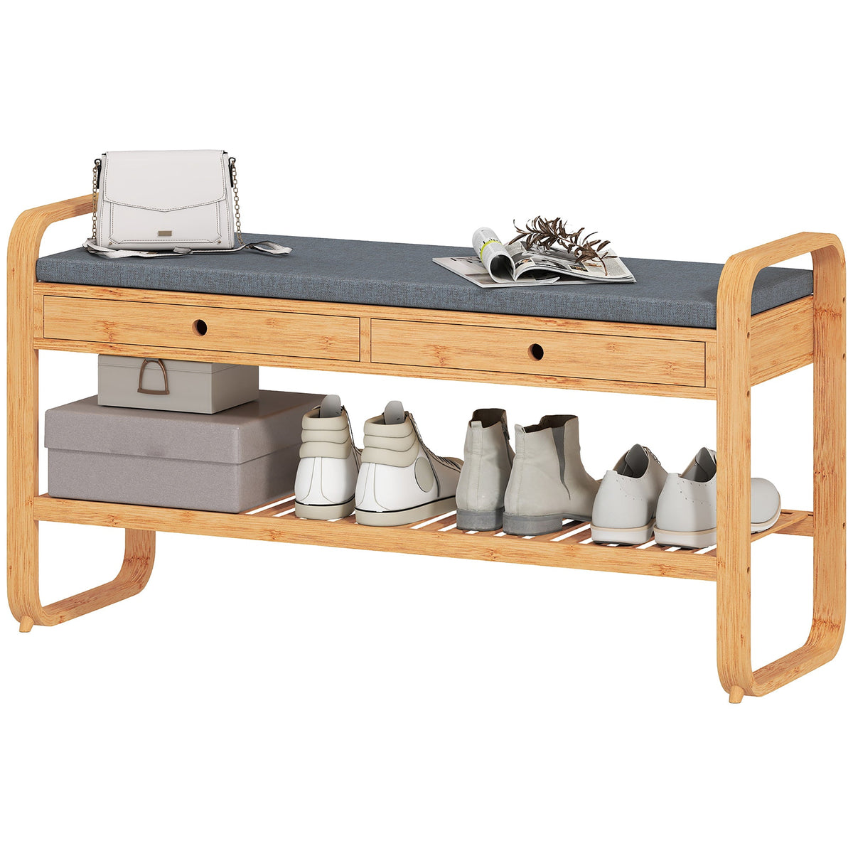 Shoe Bench with 2 Drawers, Shoe Storage Bench with Cushioned Seat, Storage Shelf and Bamboo Frame, 130 kg Weight Capacity, 105 x 33.2 x 55 cm, Natural and Grey