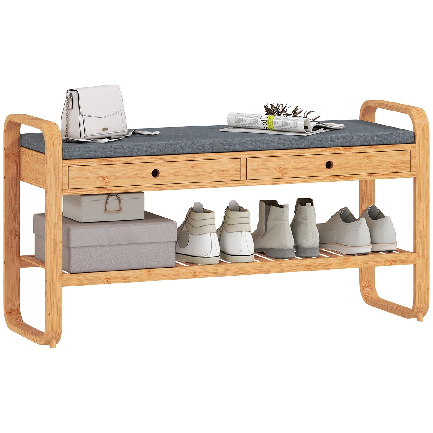 Shoe Bench with 2 Drawers, Shoe Storage Bench with Cushioned Seat, Storage Shelf and Bamboo Frame, 130 kg Weight Capacity, 105 x 33.2 x 55 cm, Natural and Grey