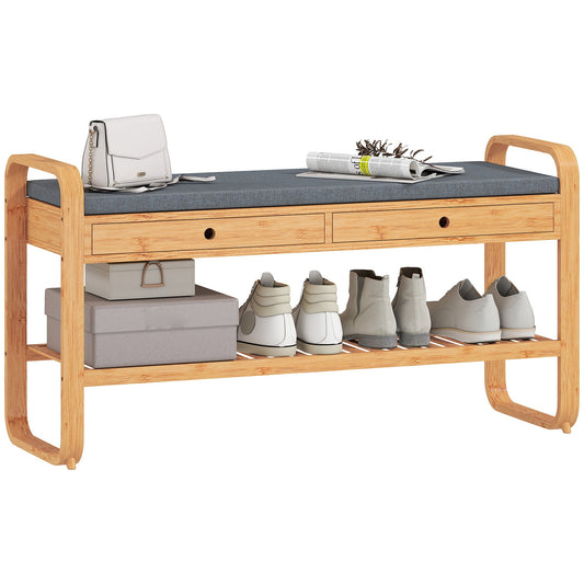Shoe Bench with 2 Drawers, Shoe Storage Bench with Cushioned Seat, Storage Shelf and Bamboo Frame, 130 kg Weight Capacity, 105 x 33.2 x 55 cm, Natural and Grey