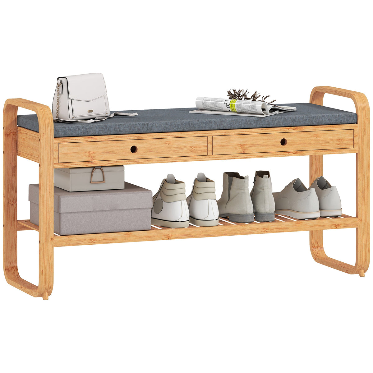 Shoe Bench with 2 Drawers, Shoe Storage Bench with Cushioned Seat, Storage Shelf and Bamboo Frame, 130 kg Weight Capacity, 105 x 33.2 x 55 cm, Natural and Grey