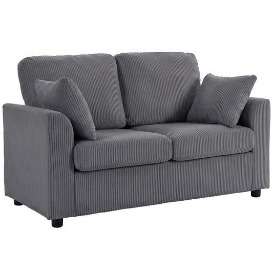 2 Seater Sofa, 144cm Corduroy Small Couch with Spring Cushion, Wide and Deep Seat, Plush Backrest, 2 Pillows, Loveseat Sofa Settee for Small Space, Living Room, Bedroom, Home Office, Dark Grey