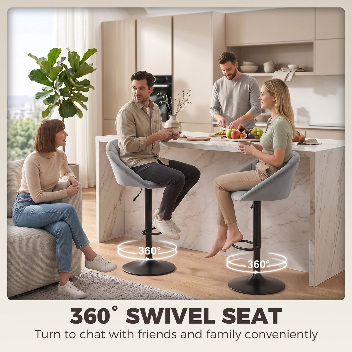 Breakfast Bar Stools Set of 2, Modern Velvet-Feel Swivel BarStools, Adjustable Counter Height Bar Chairs with Backrest and Footrest for Kitchen Island, Dining Room, Bar, Light Grey
