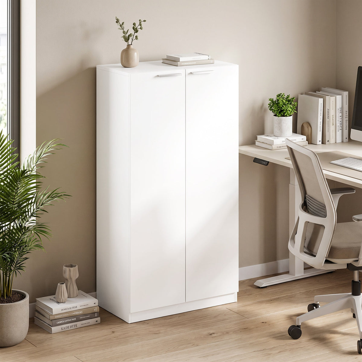 120 cm Tall Storage Cabinet Cupboard, 3-Tier File Organiser Wooden Filing Cabinet, Soft-Close Hinges, for Tool Garage Storage, Home Office, Study, Living Room, White