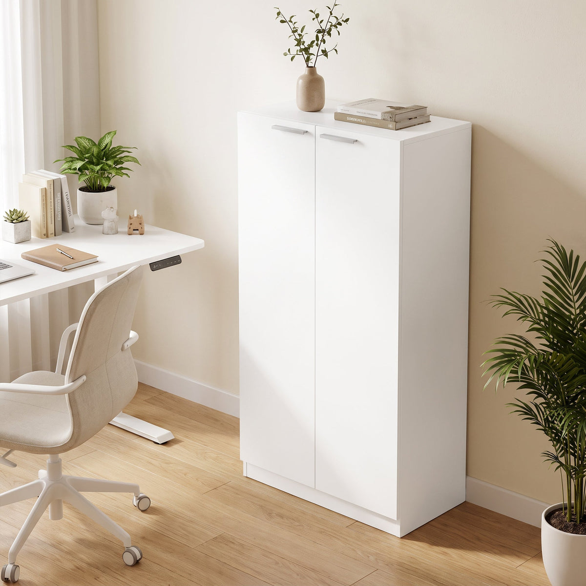 120 cm Tall Storage Cabinet Cupboard, 3-Tier File Organiser Wooden Filing Cabinet, Soft-Close Hinges, for Tool Garage Storage, Home Office, Study, Living Room, White