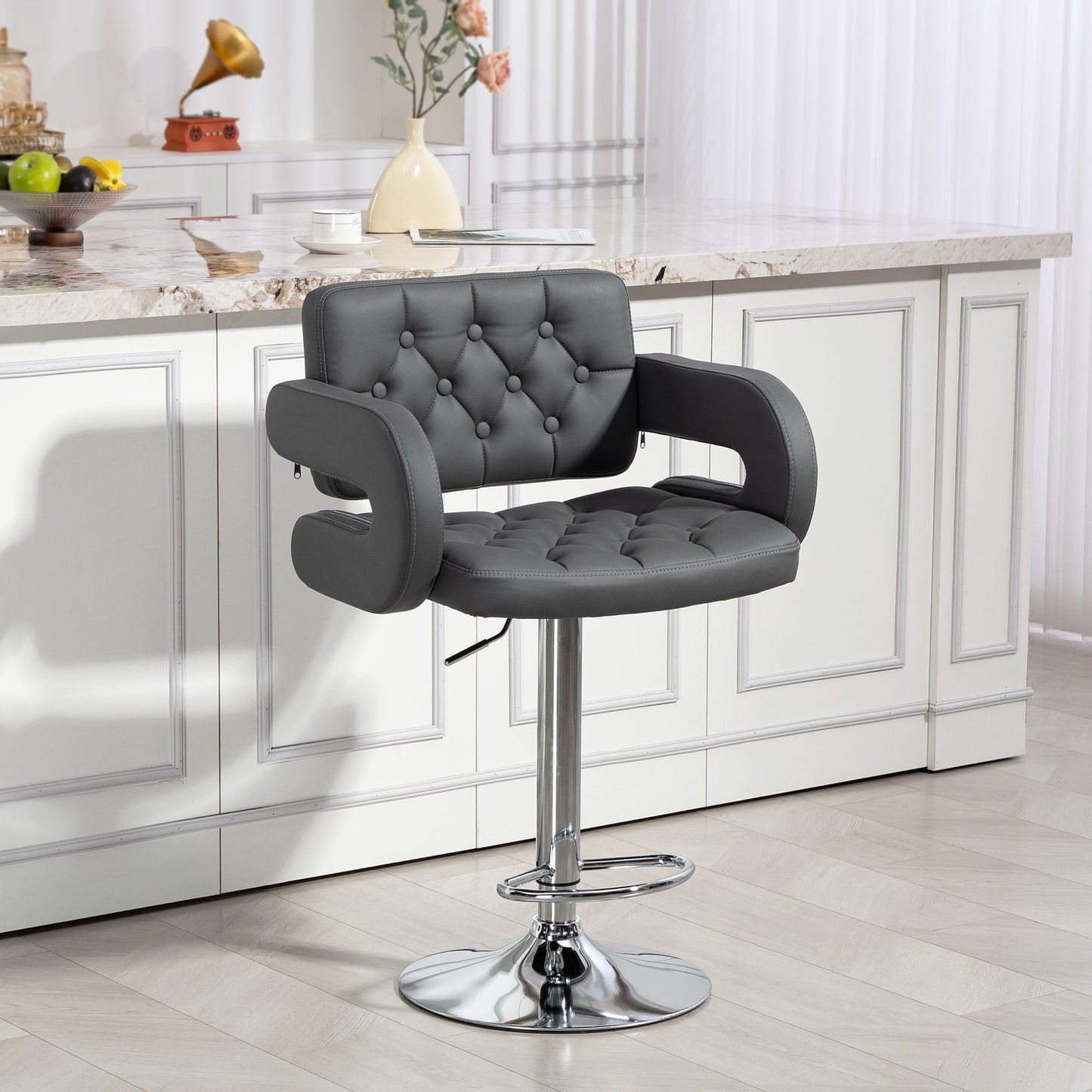 Swivel Bar Stool with Extra Large Seat, PU Leather Upholstered Adjustable Barstool with Back, Arm and Footrest, Breakfast Bar Chair for Bistro, Kitchen, Grey