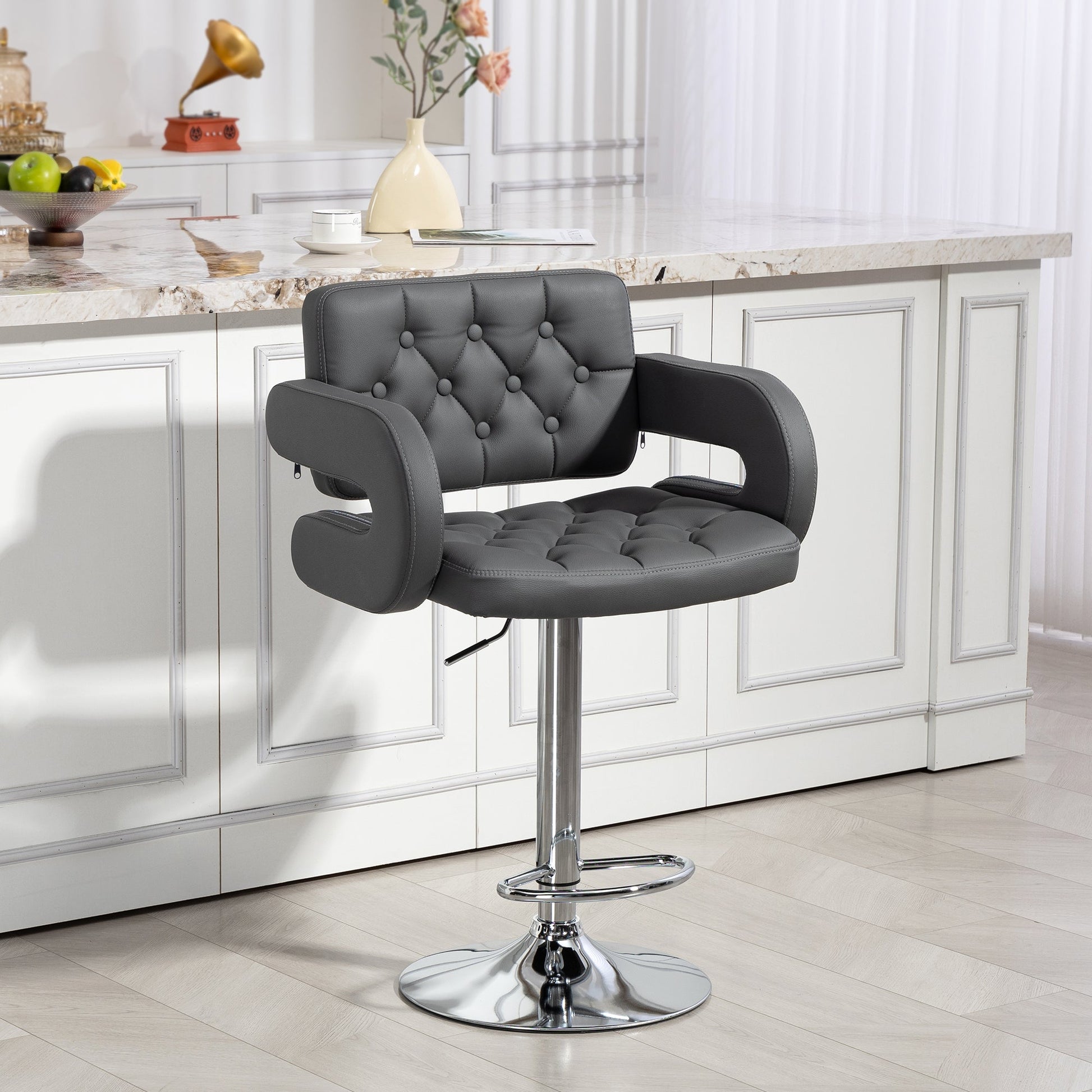 Swivel Bar Stool with Extra Large Seat, PU Leather Upholstered Adjustable Barstool with Back, Arm and Footrest, Breakfast Bar Chair for Bistro, Kitchen, Grey