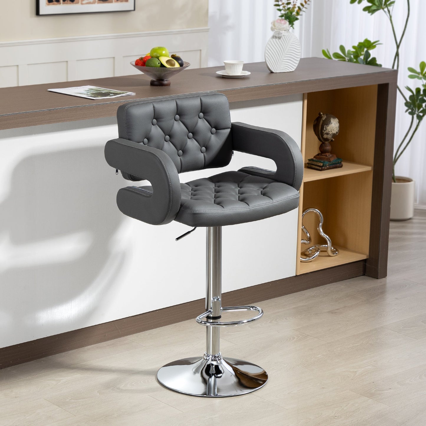 Swivel Bar Stool with Extra Large Seat, PU Leather Upholstered Adjustable Barstool with Back, Arm and Footrest, Breakfast Bar Chair for Bistro, Kitchen, Grey