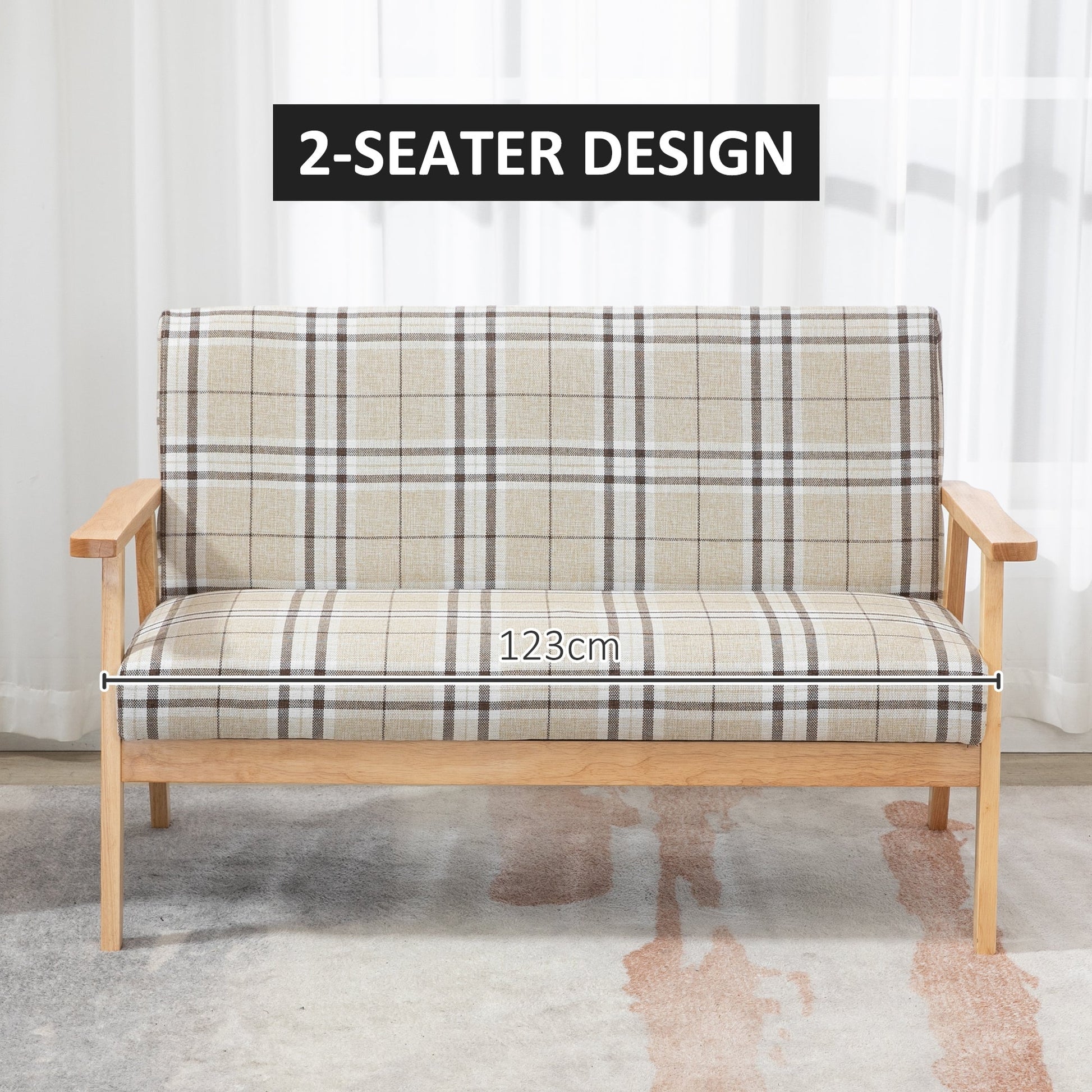 HOMCOM Modern Two Seater Sofa for Living Room, Linen Fabric Small Couch with Rubber Wood Frame, Armrests, Lattice Pattern, Upholstered Loveseat, Beige