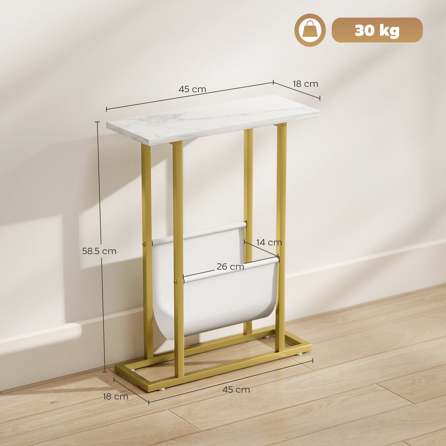 Narrow Side Table, Slim End Table with Magazine Holder, Modern Nightstand for Small Spaces, Living Room, Bedroom, 45 x 18 x 58.5 cm, White Marble Grain