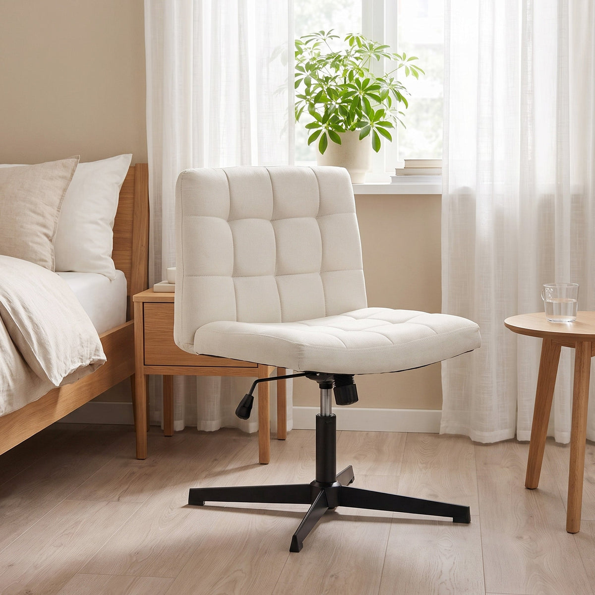 Armless Office Chair, Cross Legged Linen Computer Desk Vanity Chair with Wide Seat, Rocking Function, Swivel, Adjustable Height for Home Office, Study, Bedroom, Makeup, Beige
