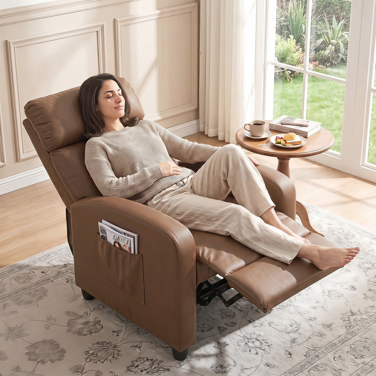 Recliner Armchair, Massage Faux Leather Push Back Reclining Chair with Adjustable Leg Rest, Side Pocket, for Home Living Room Theatre, Dark Brown