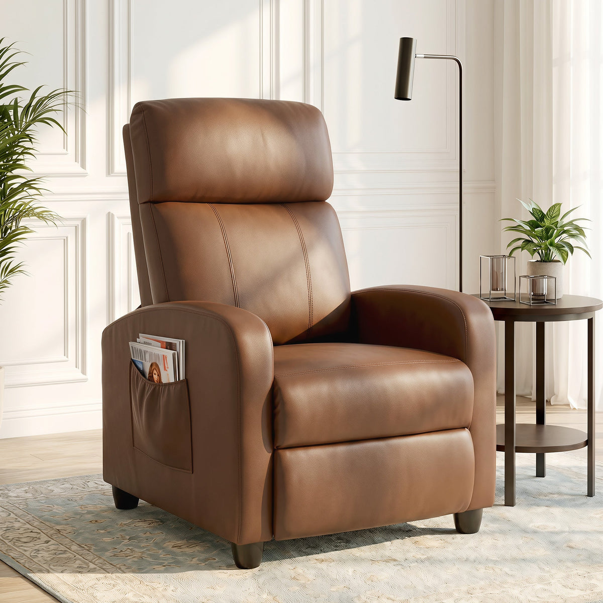 Recliner Armchair, Massage Faux Leather Push Back Reclining Chair with Adjustable Leg Rest, Side Pocket, for Home Living Room Theatre, Dark Brown