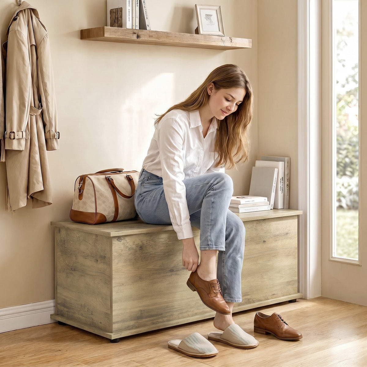 Storage Chest, Large 114L Blanket Box, Shoe Bench with Safety Hinged Lid, Storage Trunk, Bed End Bench for Bedroom, Hallway, Living room, Playroom, 100 x 40 x 40cm, Grey Wood Effect