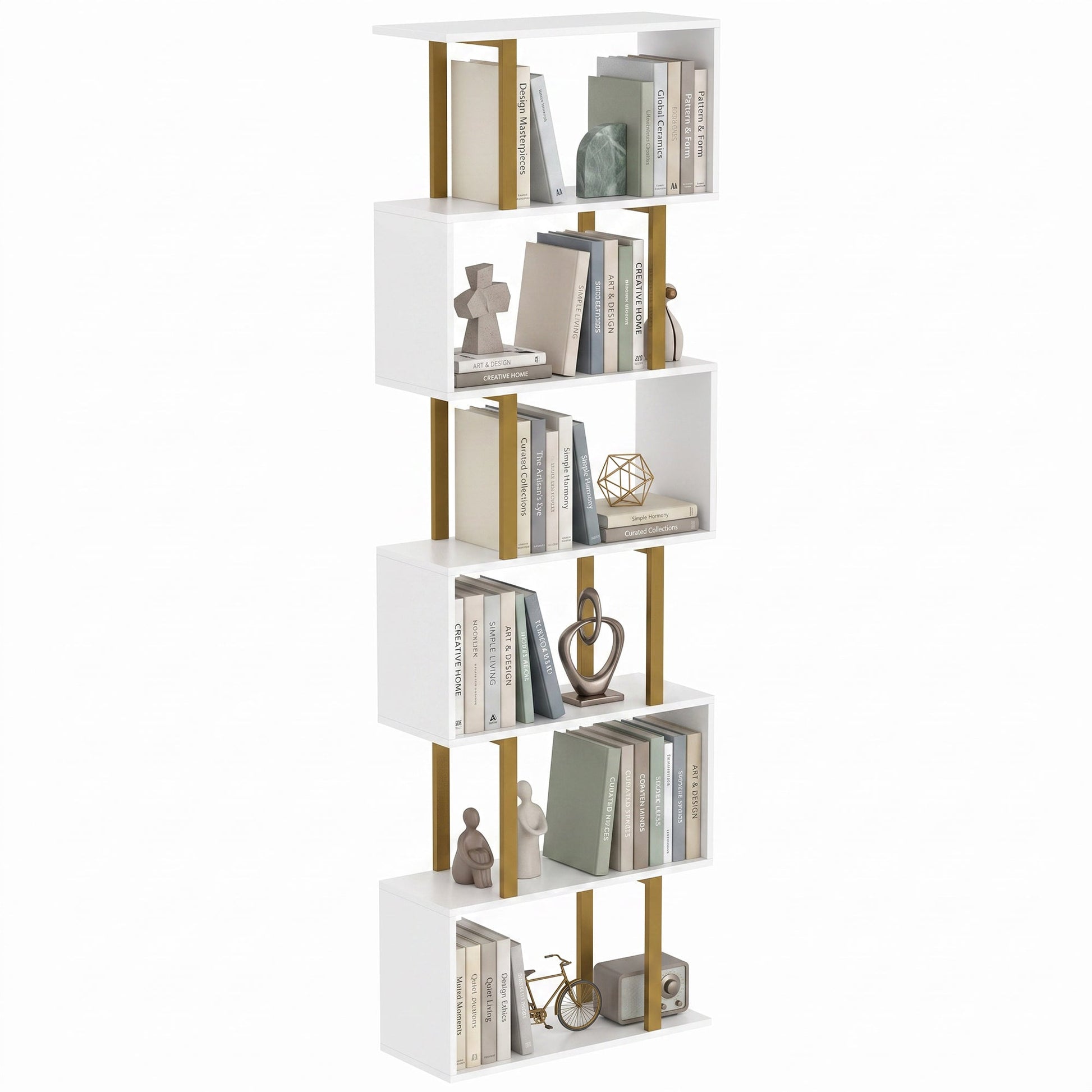 S-Shaped Bookshelf, 6-Tier Bookcase, Freestanding Storage Shelves with Anti-Tip Strap for Study, Living Room, White
