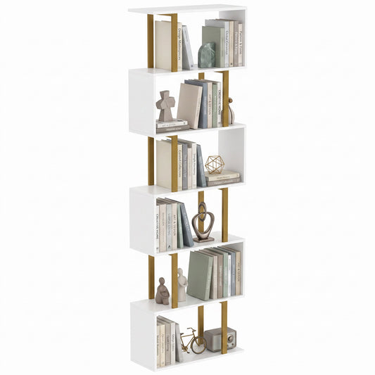 S-Shaped Bookshelf, 6-Tier Bookcase, Freestanding Storage Shelves with Anti-Tip Strap for Study, Living Room, White