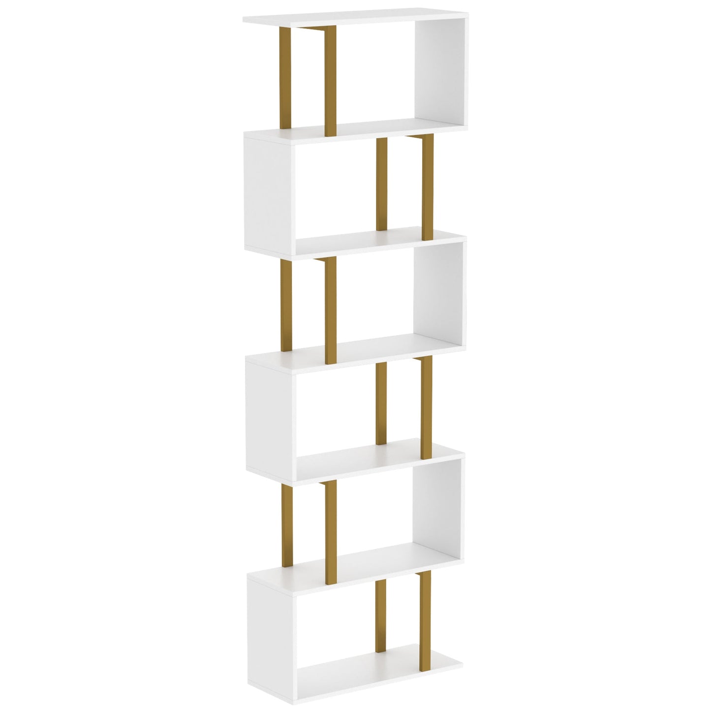 S-Shaped Bookshelf, 6-Tier Bookcase, Freestanding Storage Shelves with Anti-Tip Strap for Study, Living Room, White