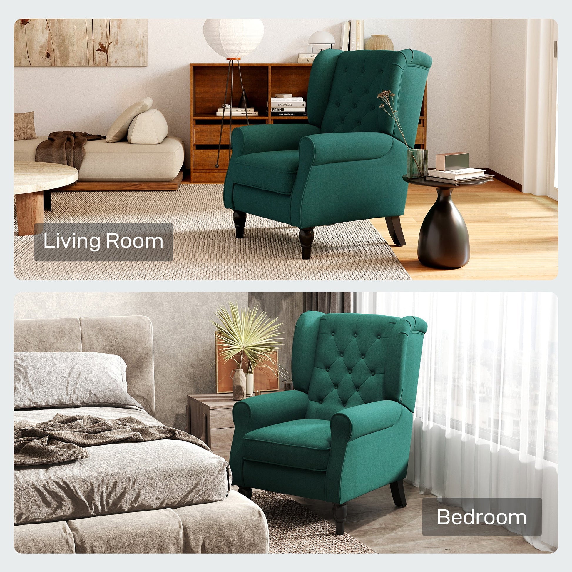 Retro Accent Chair, Linen Wingback Armchair with Wood Frame Button Tufted Design for Living Room Bedroom, Dark Green