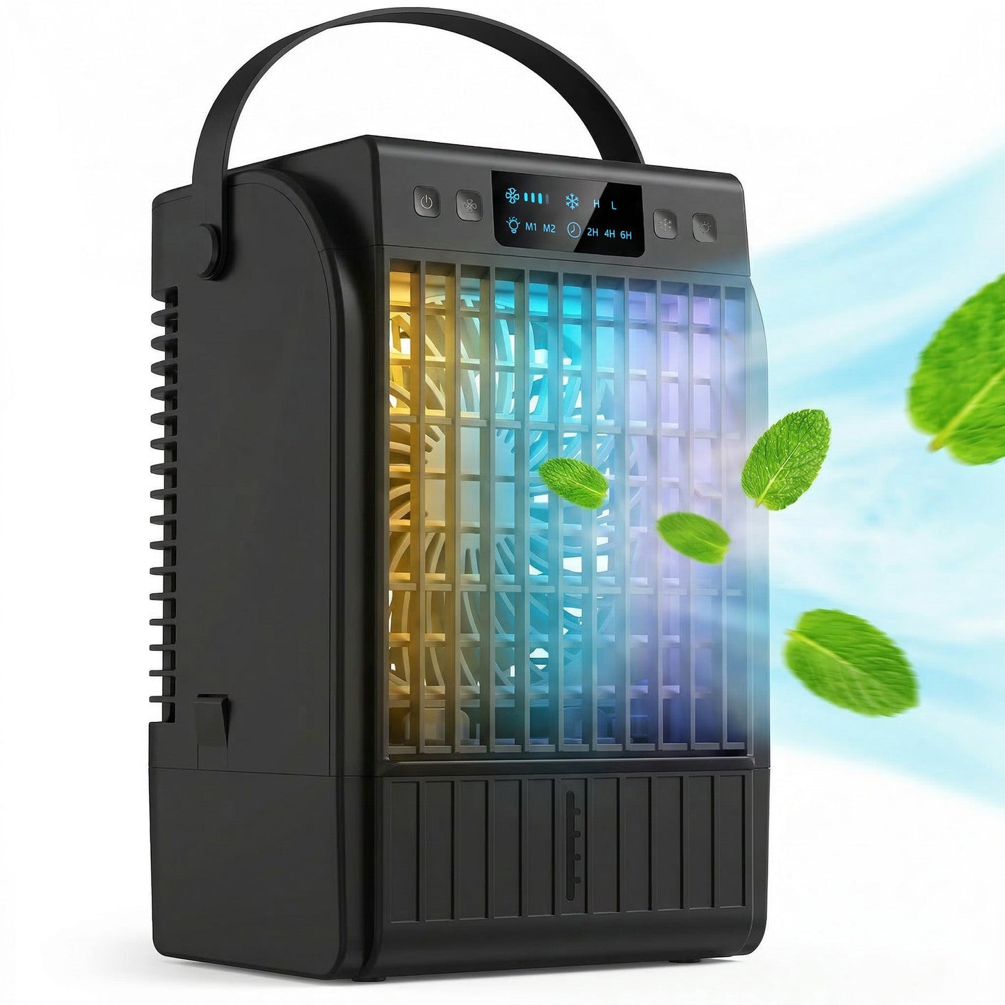 Portable Air Conditioner, 4-in-1 Mini Air Cooler with 4 Wind Speed, 2 Mist Mode, RGB 7 LED Light, 1500ml Water Tank, 2-6H Timer, Small Cooling Fan for Home, Office, Bedroom, Black