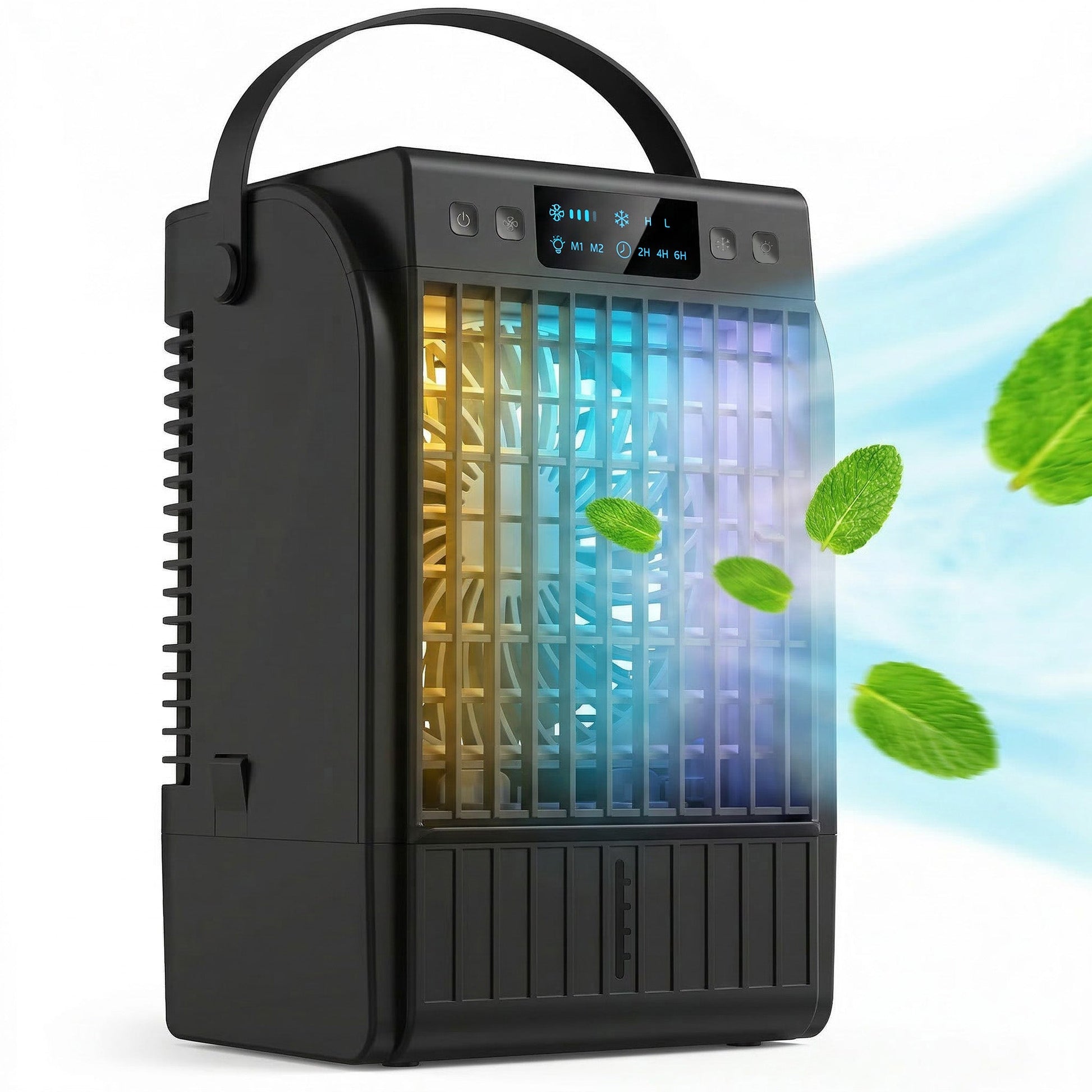 Portable Air Conditioner, 4-in-1 Mini Air Cooler with 4 Wind Speed, 2 Mist Mode, RGB 7 LED Light, 1500ml Water Tank, 2-6H Timer, Small Cooling Fan for Home, Office, Bedroom, Black