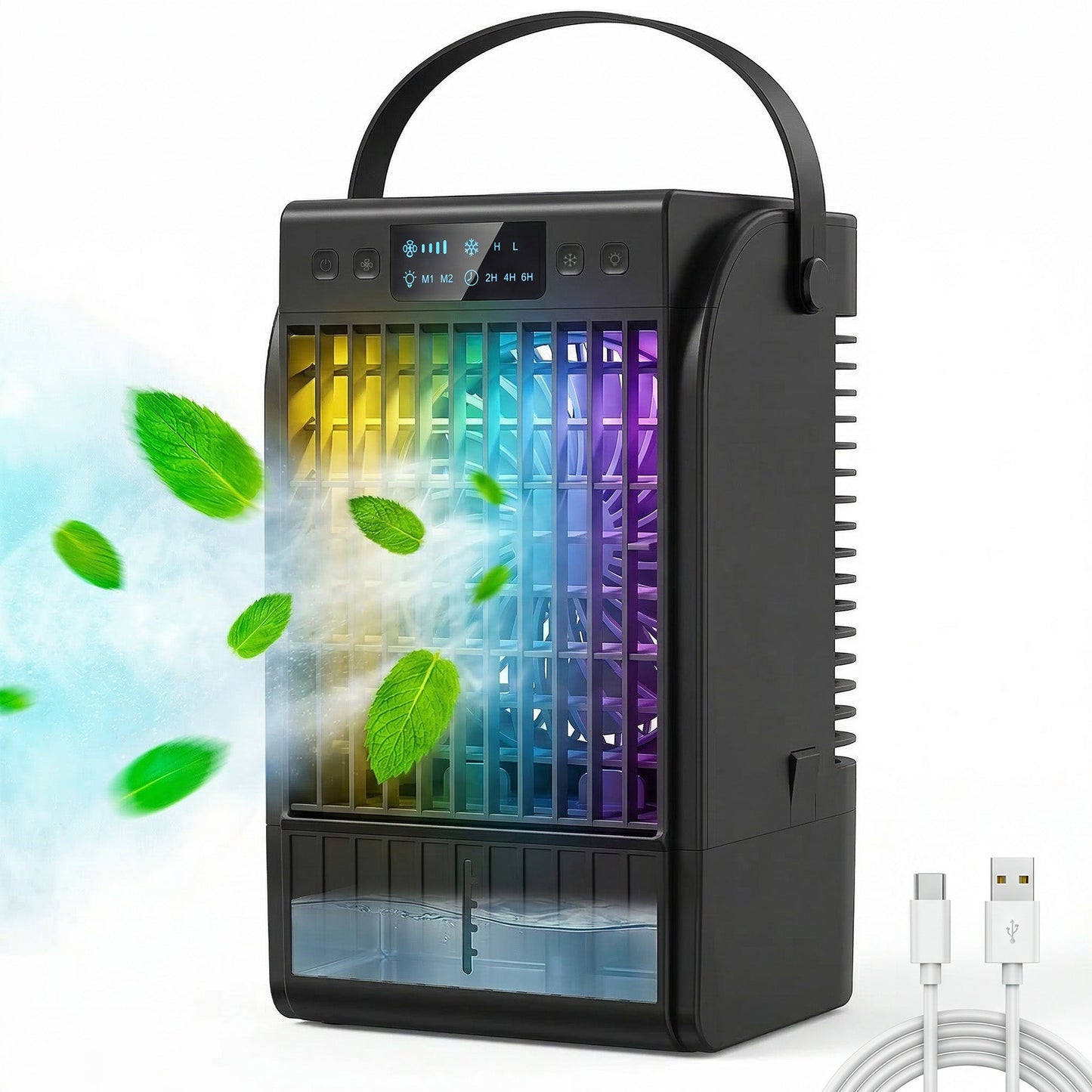 Portable Air Conditioner, 4-in-1 Mini Air Cooler with 4 Wind Speed, 2 Mist Mode, RGB 7 LED Light, 1500ml Water Tank, 2-6H Timer, Small Cooling Fan for Home, Office, Bedroom, Black