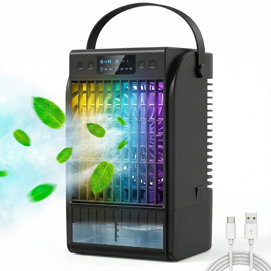 Portable Air Conditioner, 4-in-1 Mini Air Cooler with 4 Wind Speed, 2 Mist Mode, RGB 7 LED Light, 1500ml Water Tank, 2-6H Timer, Small Cooling Fan for Home, Office, Bedroom, Black