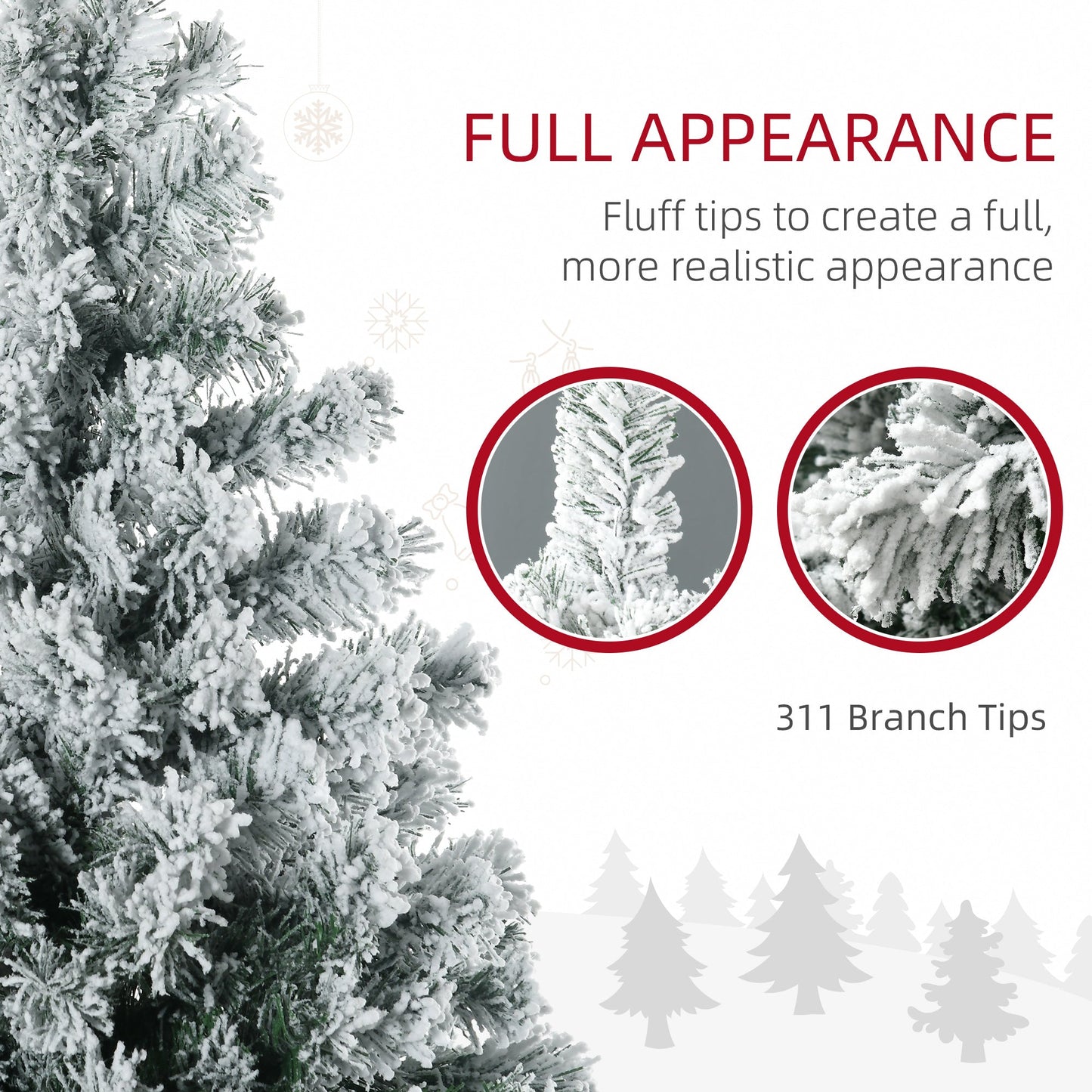 HOMCOM 4.5ft Pre Lit Snow Flocked Artificial Christmas Tree Holiday Décor with 150 Warm White or Colourful LED Lights and 311 Tips, Steel Base