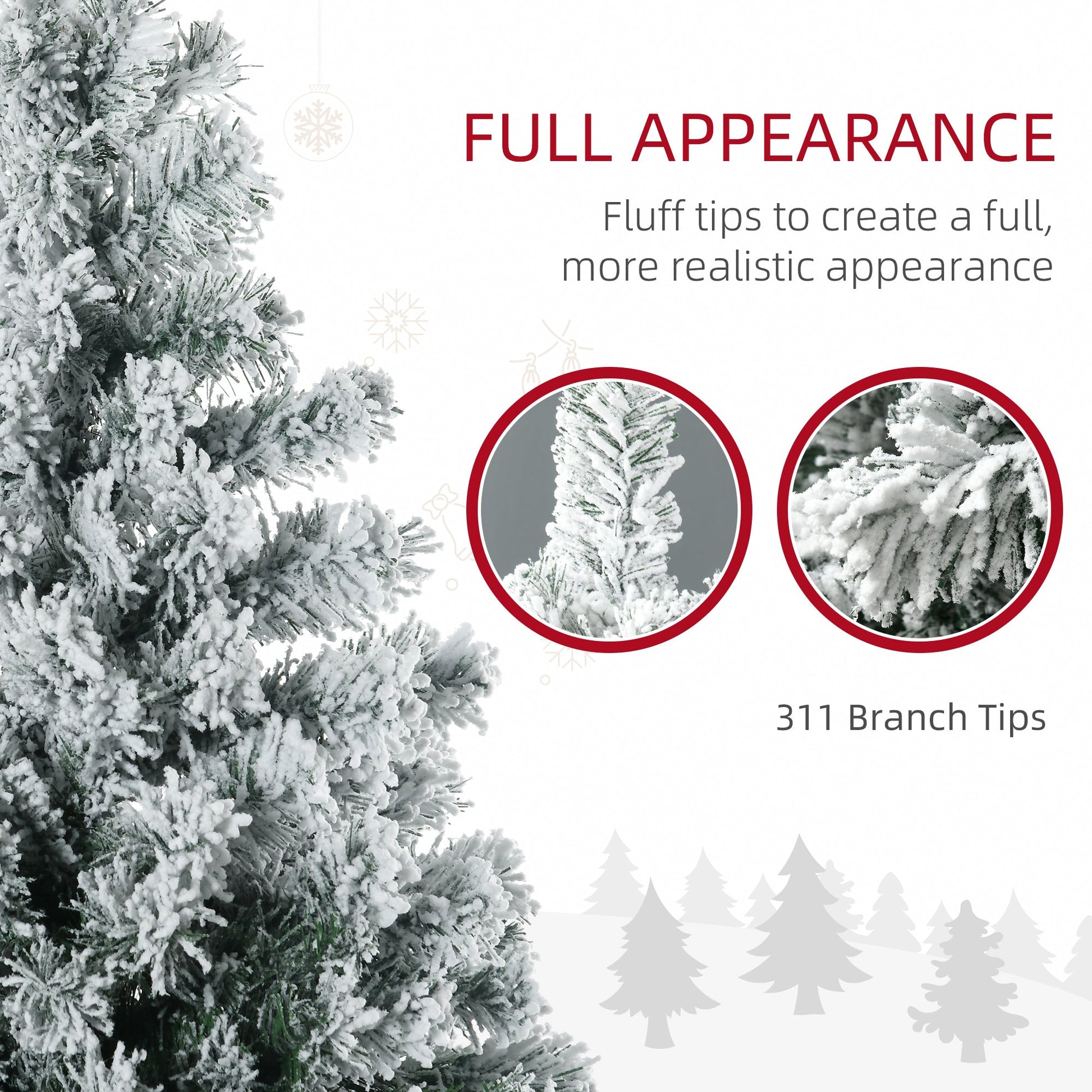 HOMCOM 4.5ft Pre Lit Snow Flocked Artificial Christmas Tree Holiday Décor with 150 Warm White or Colourful LED Lights and 311 Tips, Steel Base
