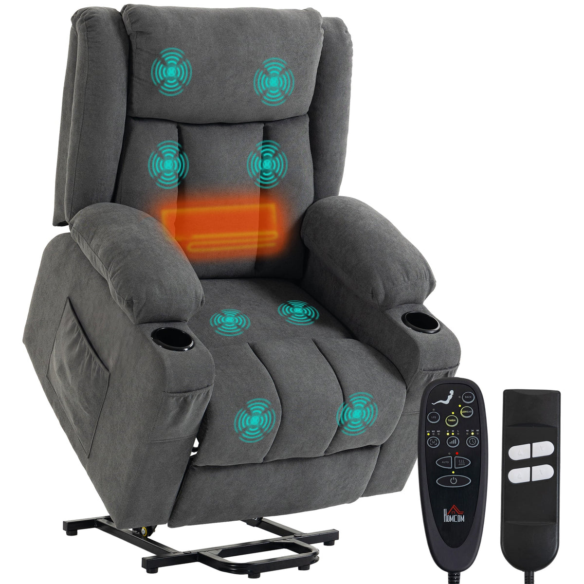 Dual Motor Recliner Chair Lift Chair for Elderly, 55° Electric Riser Recliner Armchair with Massage and Heat, Terry Cloth Power Reclining Lounge Sofa, 2 Cup Holders, Side Pockets, Dark Grey