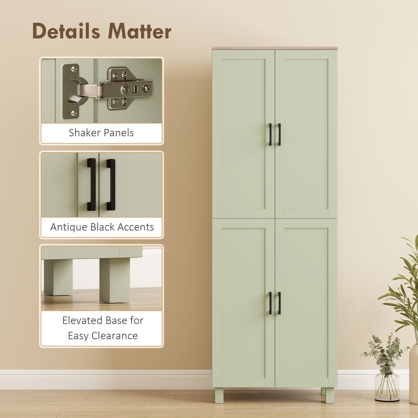 Freestanding Kitchen Cupboard, 4-Door Storage Cabinet with Adjustable Shelves, Modern Kitchen Pantry for Dining Room, 170cm, Green