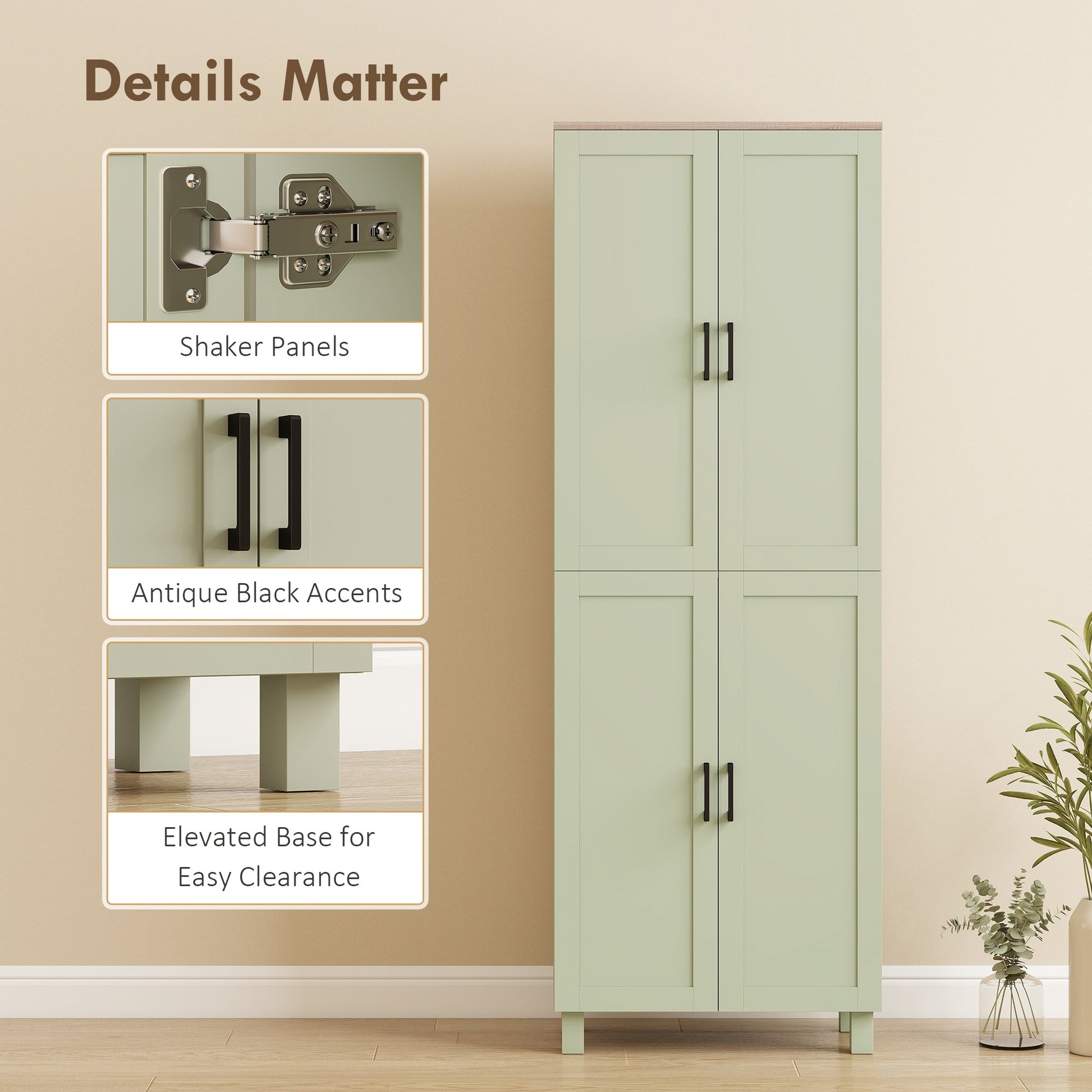 Freestanding Kitchen Cupboard, 4-Door Storage Cabinet with Adjustable Shelves, Modern Kitchen Pantry for Dining Room, 170cm, Green