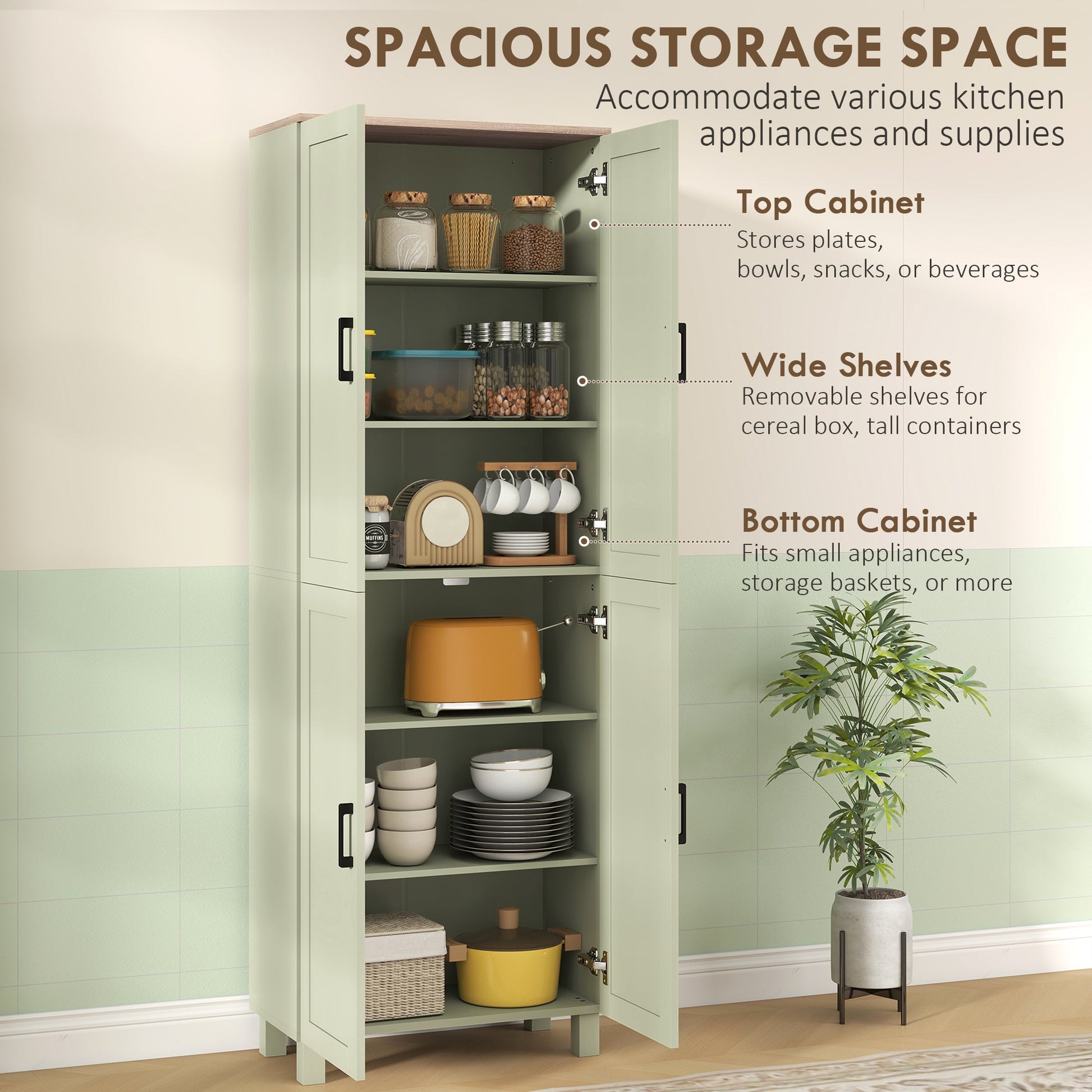 Freestanding Kitchen Cupboard, 4-Door Storage Cabinet with Adjustable Shelves, Modern Kitchen Pantry for Dining Room, 170cm, Green