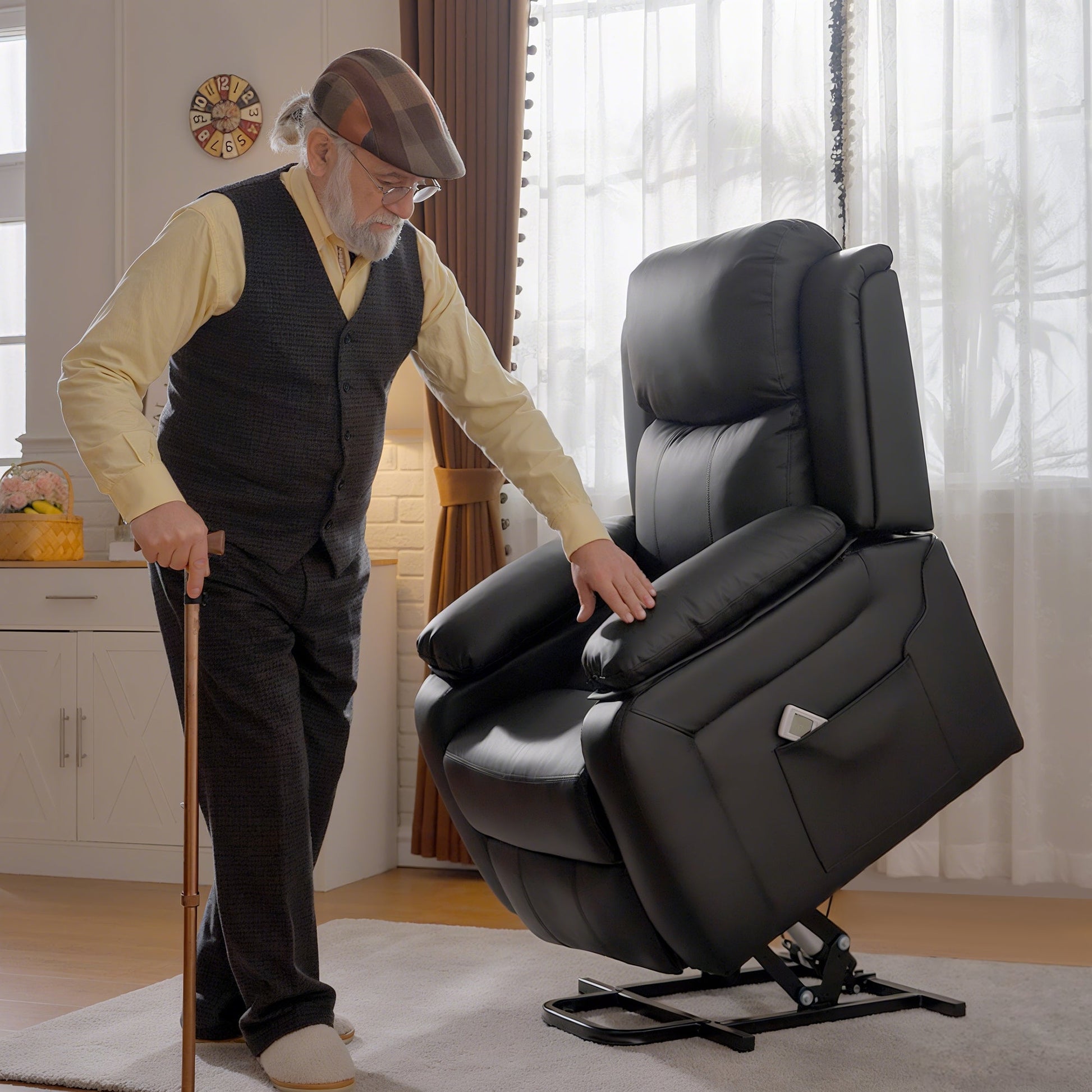 Riser and Recliner Chair with Vibration Massage, PU Leather Power Lift Chair for Elderly with Thick and High Back, Headrest, Removable Armrests, Side Pockets, Electric Lift Armchair, Black