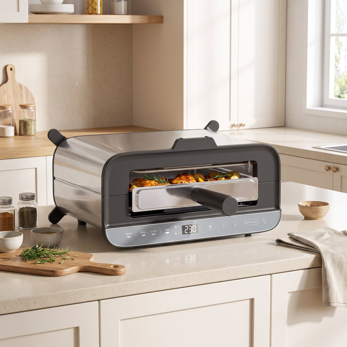 3-in-1 Electric Mini Oven, Long Slot Toaster and Tabletop Grill, 4.9L Countertop Multi-Function Oven with LED Display, 60 Min Timer, Baking Tray, Wire Rack & Crumb Tray, Stainless Steel, 1700W