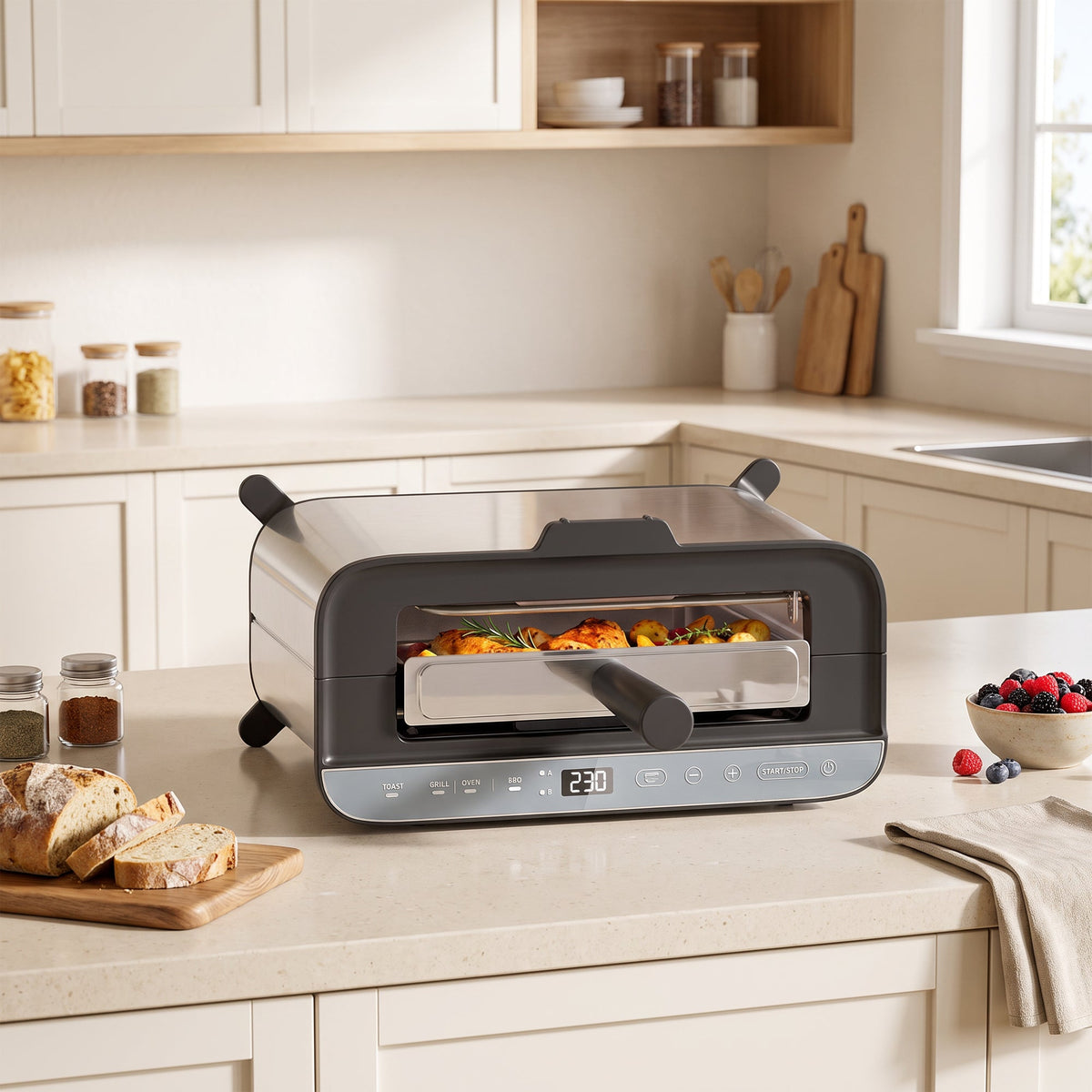 3-in-1 Electric Mini Oven, Long Slot Toaster and Tabletop Grill, 4.9L Countertop Multi-Function Oven with LED Display, 60 Min Timer, Baking Tray, Wire Rack & Crumb Tray, Stainless Steel, 1700W