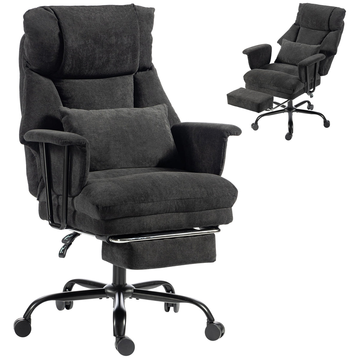Office Chair, 180kg Heavy Duty Linen Computer Desk Chair with Lumbar Support, Wide Seat, Spring Cushion, Reclining Backrest, Footrest, Swivel Wheels, Black
