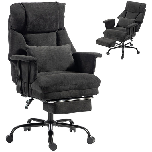 Office Chair, 180kg Heavy Duty Linen Computer Desk Chair with Lumbar Support, Wide Seat, Spring Cushion, Reclining Backrest, Footrest, Swivel Wheels, Black
