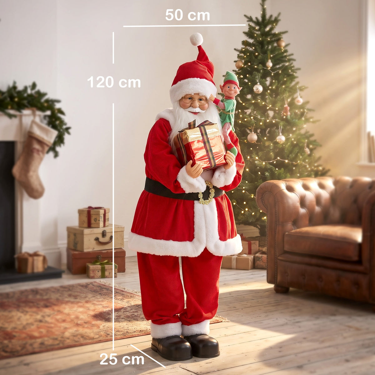 4ft Life Size Singing Dancing Santa Claus, 120 cm Standing Musical Animated Santa with Elf, Gift Box, Handcrafted, Sound Touch Activated, Moving Christmas Figure Decoration