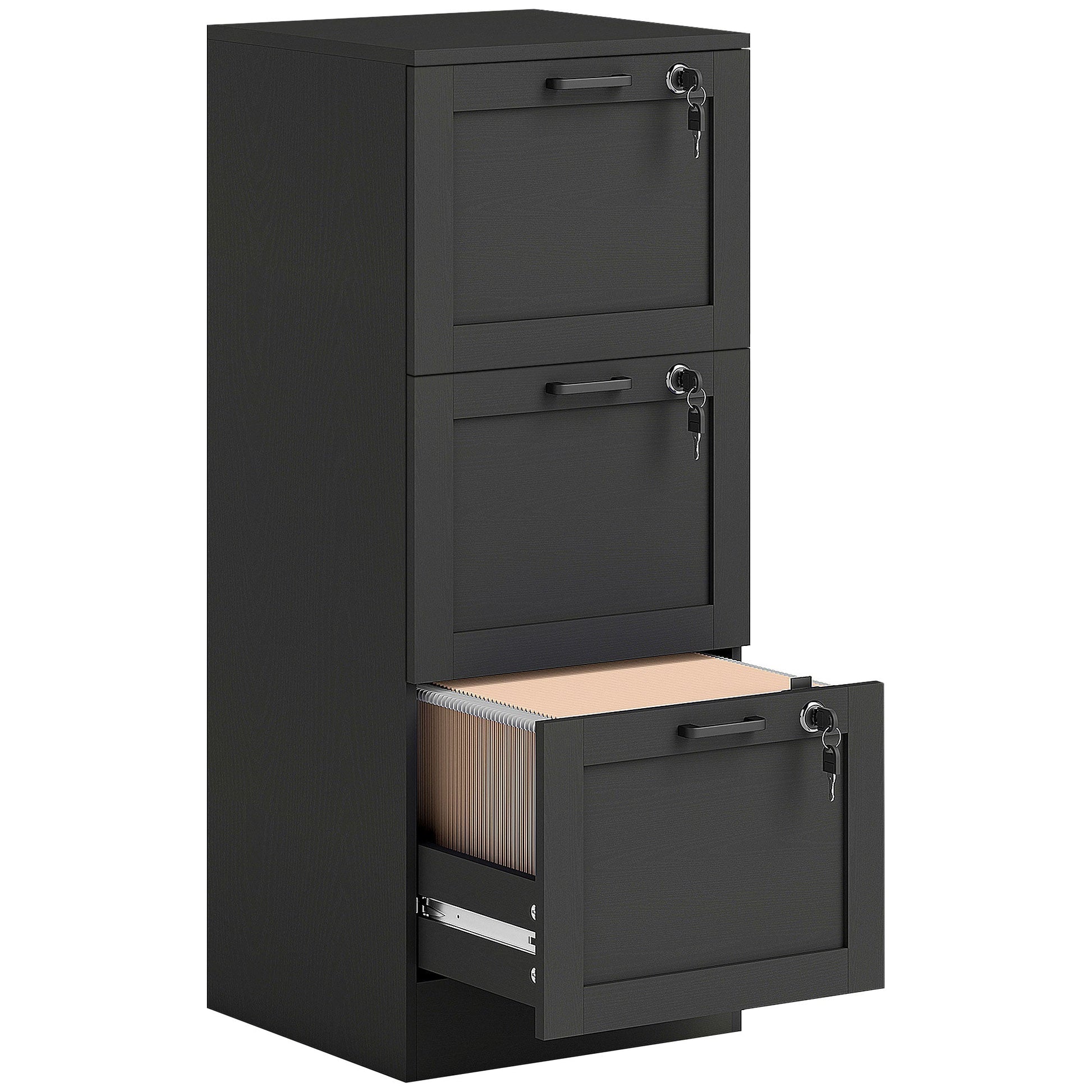 3 Drawer File Cabinet with Lock, Vertical Filing Cabinet with Adjustable Hanging Bars for A4 and Letter Size File Folders, Printer Stand with Storage, Black