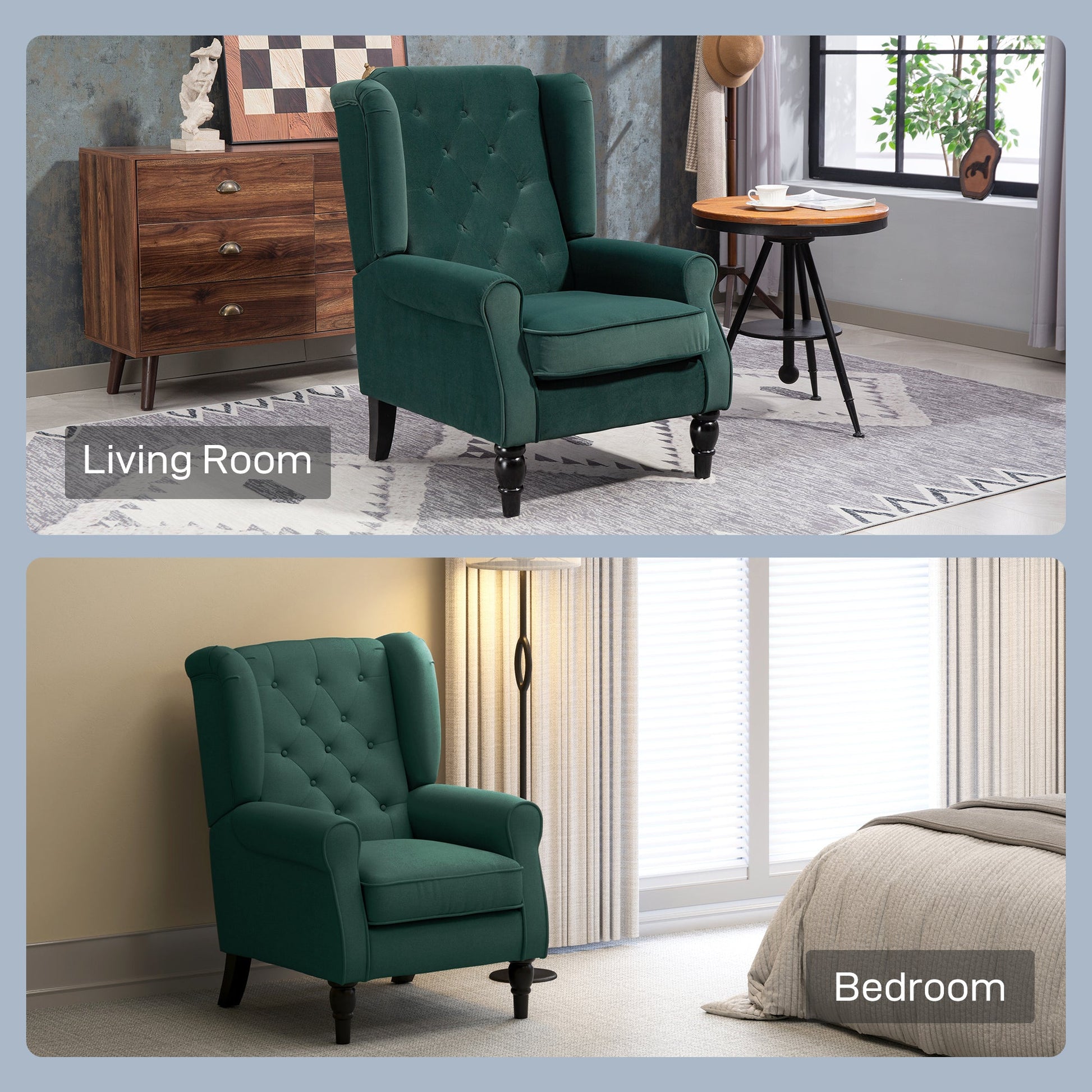Retro Accent Chair, Velvet Wingback Armchair with Wood Frame Button Tufted Design for Living Room Bedroom, Green