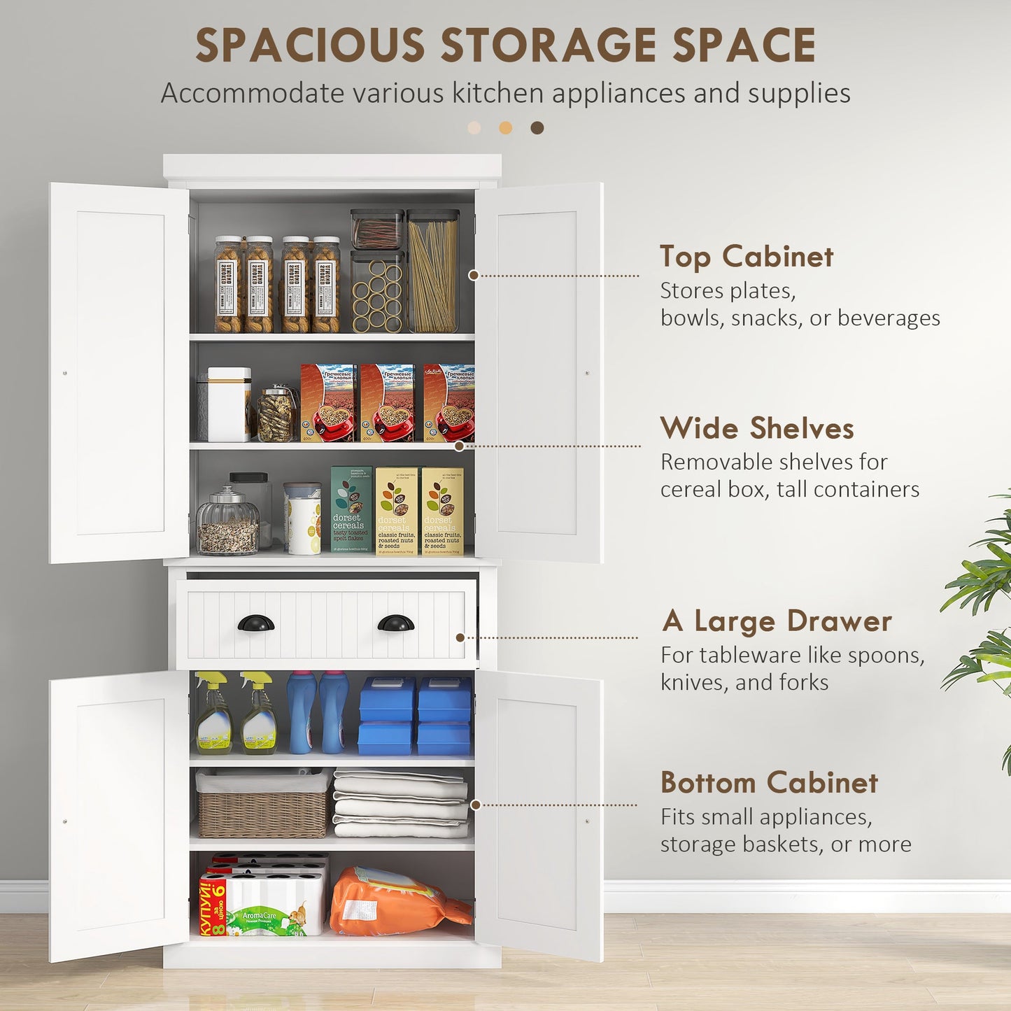 183 cm Tall Kitchen Cabinet, Freestanding Storage Cabinet with 4 Doors, Drawer and Adjustable Shelves, Kitchen Cupboard for Dining Room, White