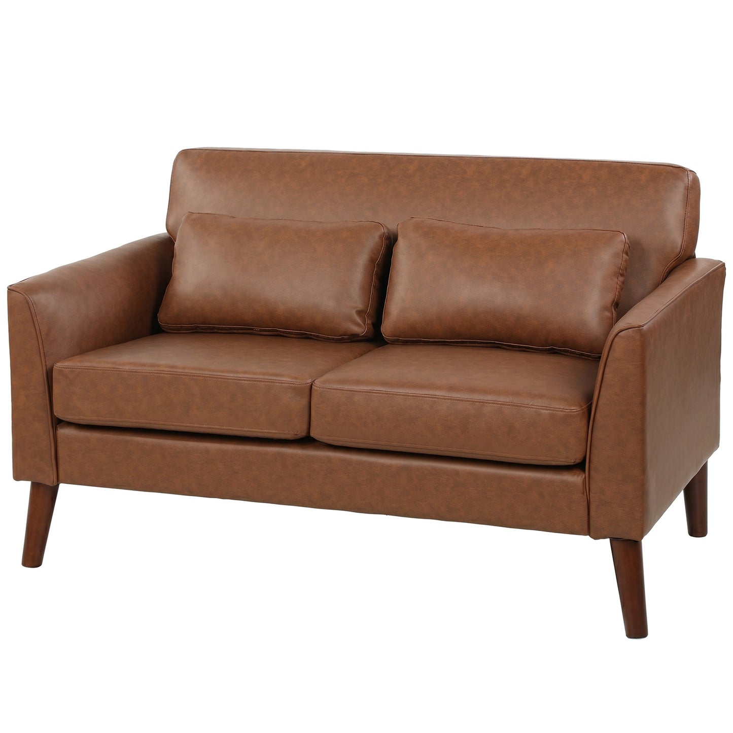 2 Seater Sofa, 132 cm Modern Small Sofa, PU Leather Upholstered Loveseat with Solid Wood Legs and 2 Pillows, Couch Settee for Small Space, Living Room, Bedroom, Home Office, Brown